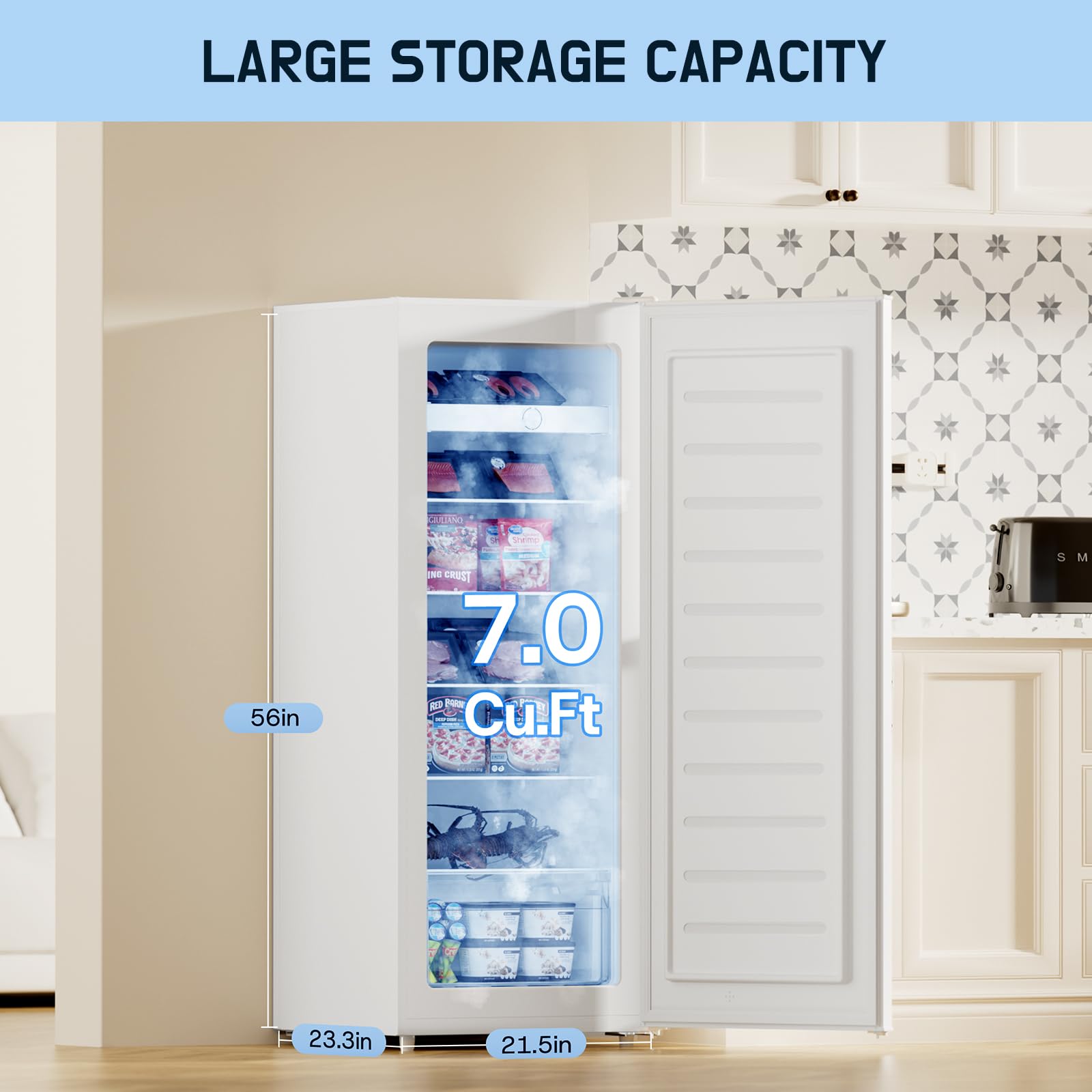 Upstreman 7.0 Cu.Ft Upright Freezer, Large Capacity Stand Up Freezer with 5 Adjustable Shelves, Convertible Refrigerator/Freezer, Reversible Door for Home, Basement, Apartment (White)