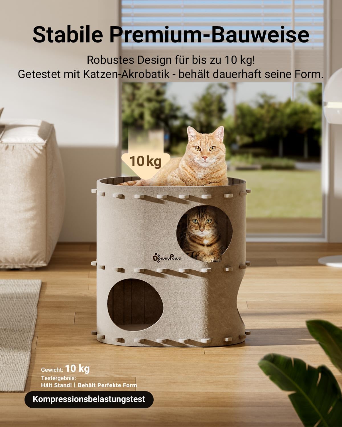 Katzenhöhle Filz, Katzenhaus aus Filz, Katzenbett, Katzenhöhle für Katzen, 58 x 33 x 30cm, Peek-a-Boo zum Spielen, Winterfest, Schutz der Katzennägel, Beige
