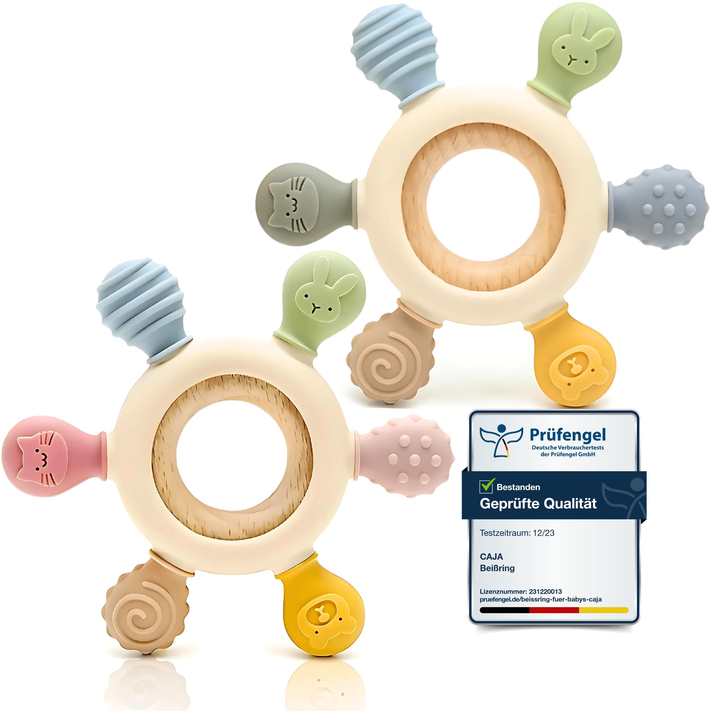 CAJA Beißring Baby BPA freie Zahnungshilfe und Beißspielzeug aus Silikon und Holz Greifring mit Tiermotiv Geschenkidee zur Geburt Sicheres Babyspielzeug für Jungen und Mädchen