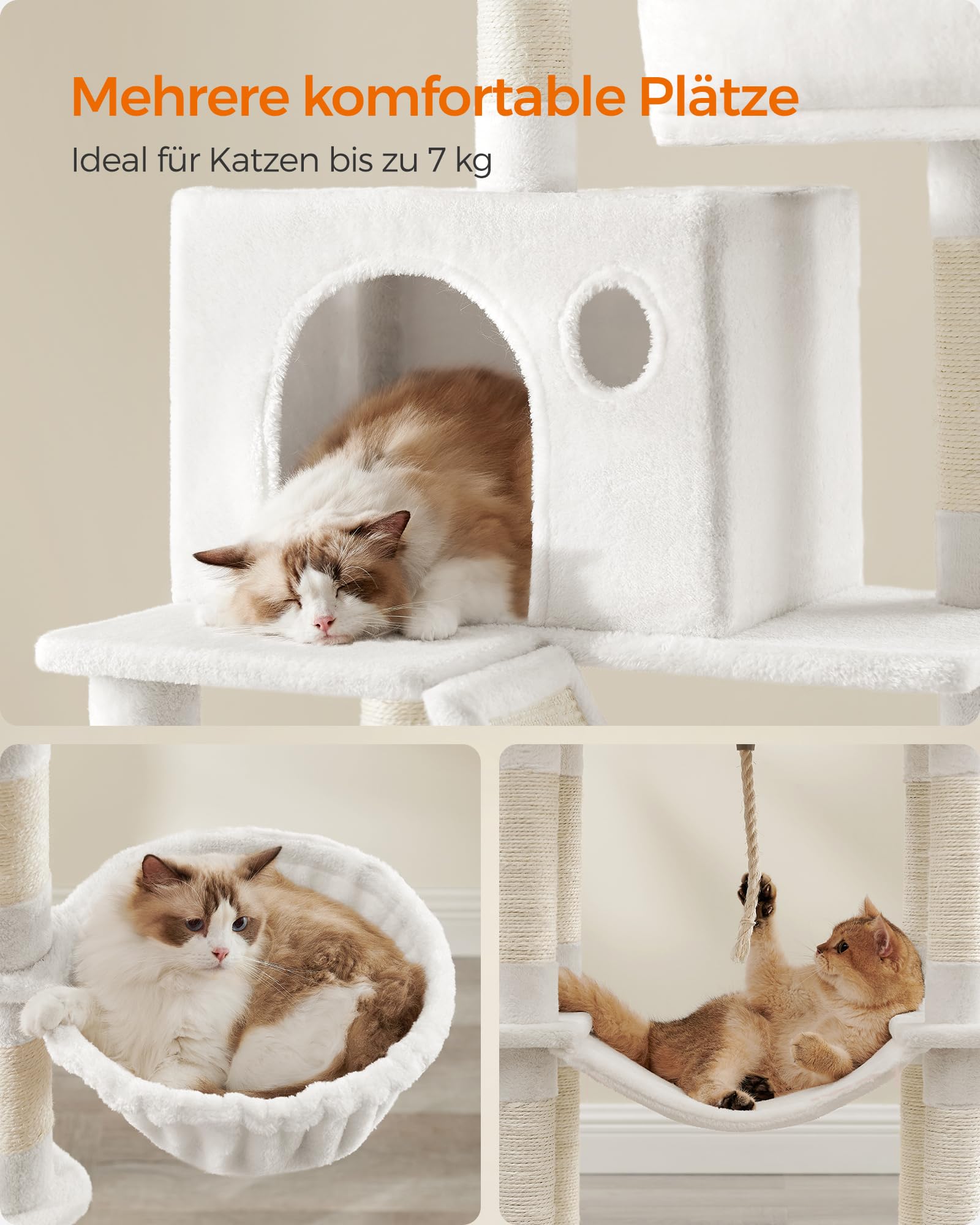 Feandrea Kratzbaum groß, 203,5 cm hoch, XXL Katzenbaum, mit 13 Kratzsäulen, 2 Plattformen, 2 Höhlen, Korb, Hängematte, Plüschbälle, mehrstöckiger Katzenkratzbaum, rauchgrau PCT190G01