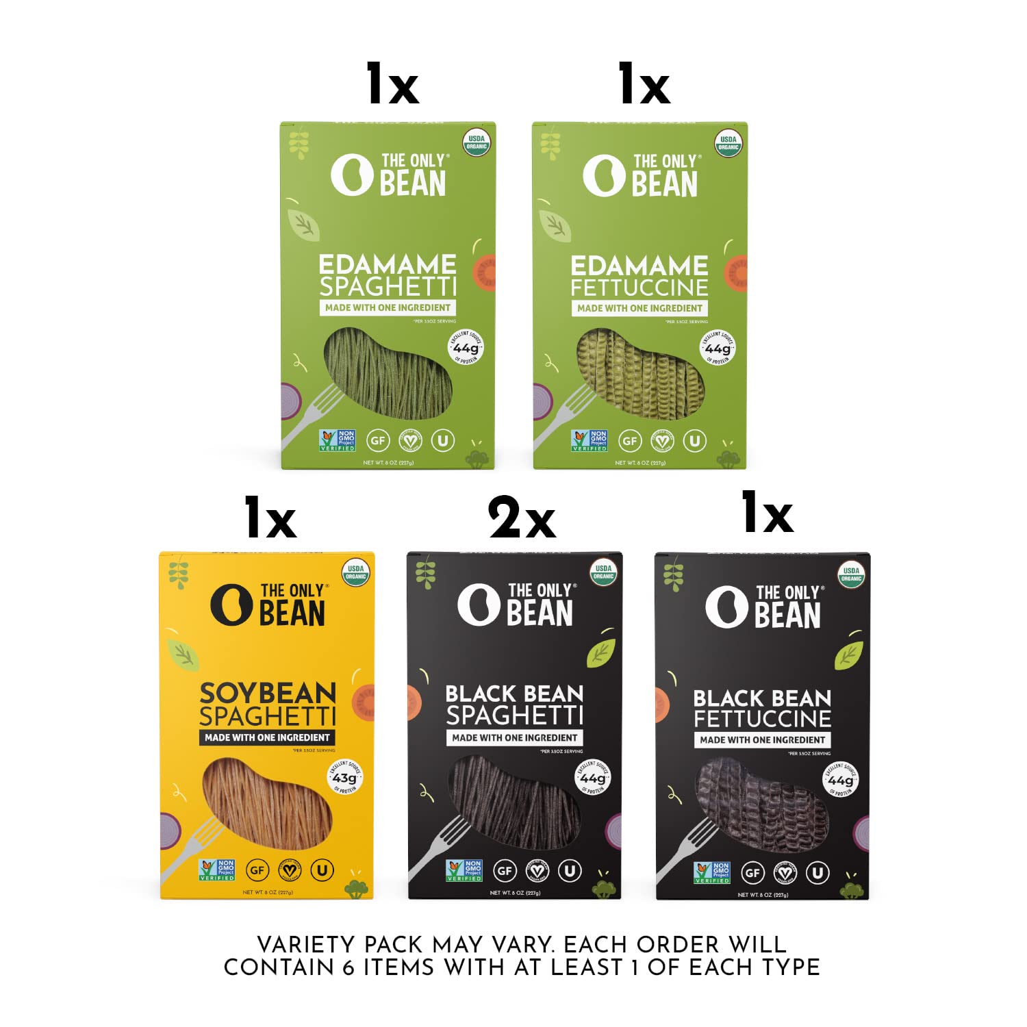 The Only Bean - Soy, Black Bean, and Edamame Spaghetti & Fettuccine - Gluten Free Pasta, Keto Low Carb Pasta Noodles, Protein Pasta, Organic Healthy Noodles, Vegan Pasta - 8 oz (6 Pack) (Variety Pack)