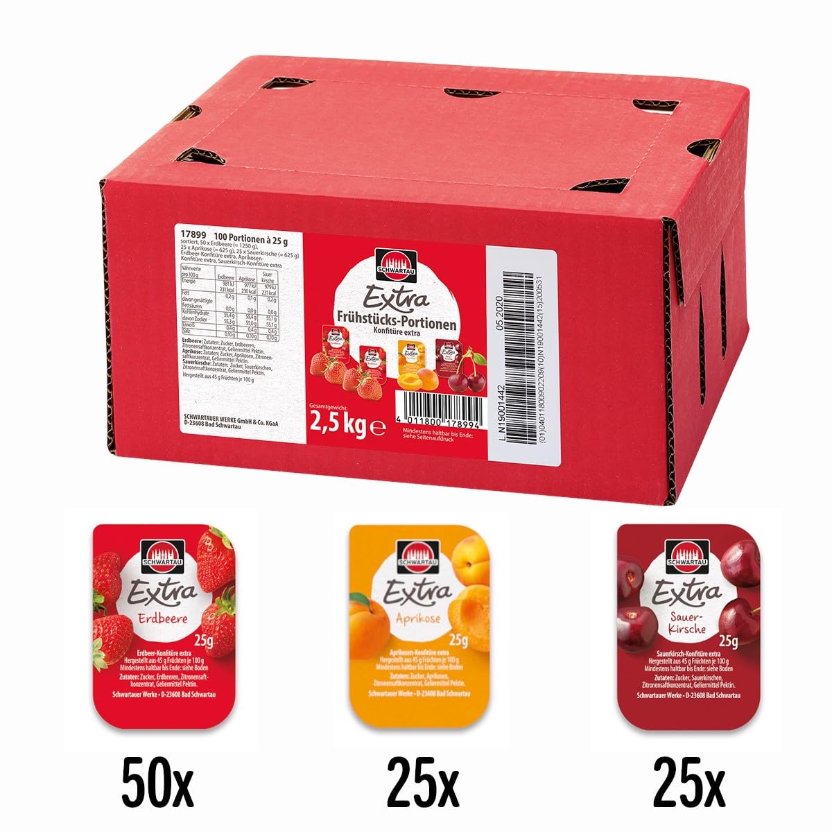 Schwartau Samt Portionen Mix-Box, Konfitüre Portionsschalen (50 x Erdbeere, 25 x Aprikose, 25 x zweierlei Kirsch), Großpackung, 100 x 25g