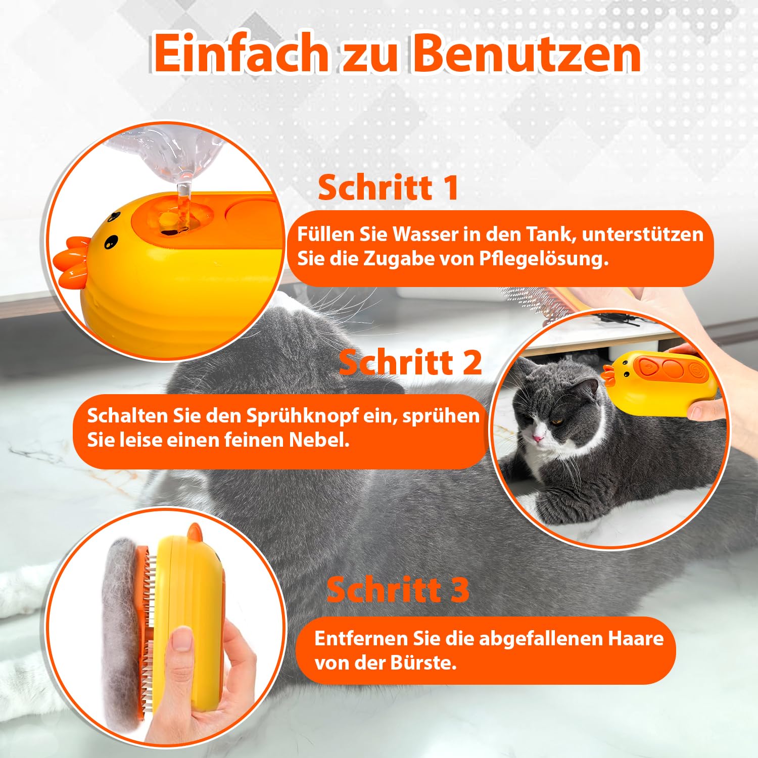Katzenbürste mit Dampf & Auslöseknopf, Wiederaufladbar Dampfbürste von Katze Hunde, Spray Haustierhaar Bürste, Massage Steamer Kamm für Langhaar und Kurzhaar zum Entfernen Losem Fell und Schmutz
