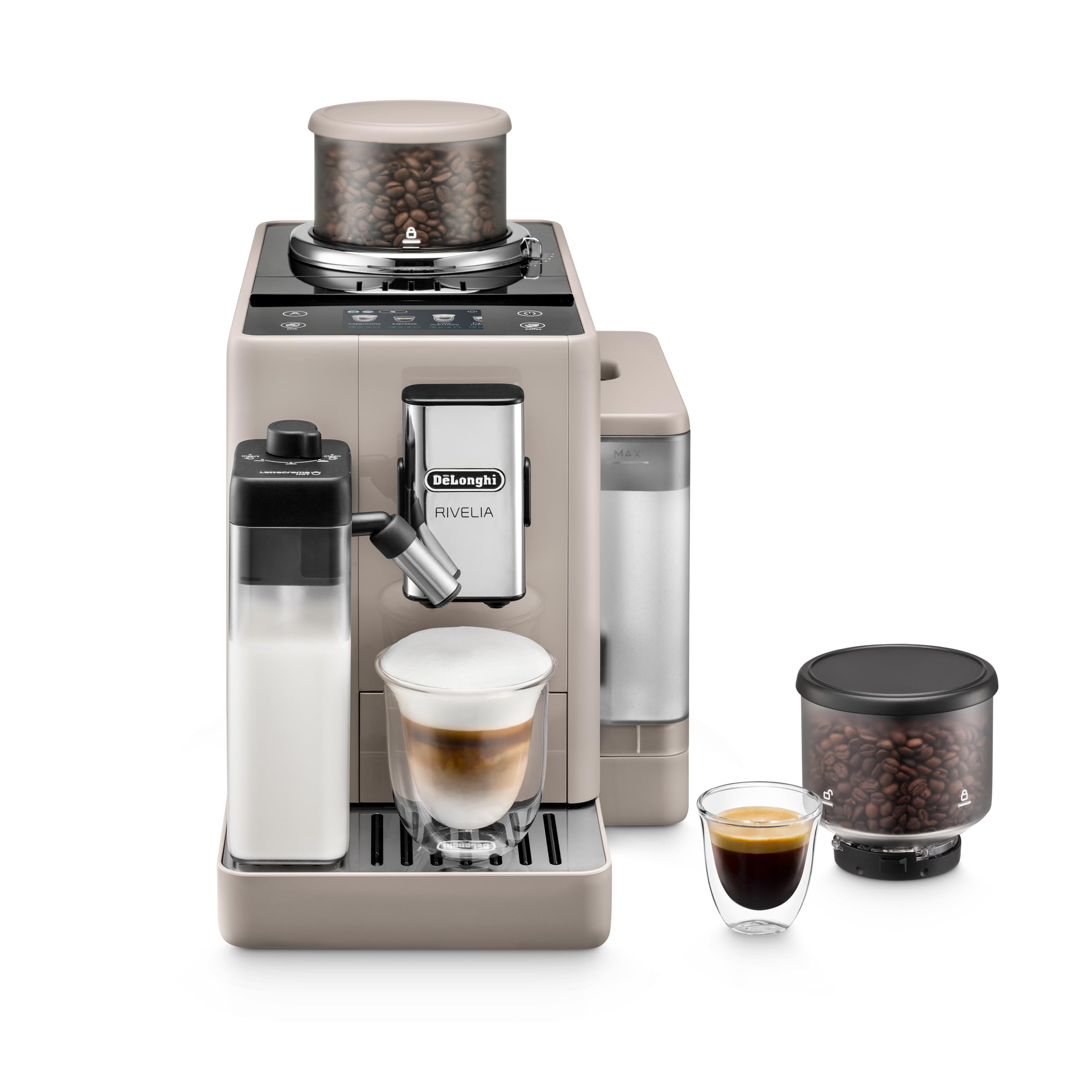 De'Longhi Rivelia Automatic Espresso Machine with Grinder & Milk Frother – All-in-One Coffee Maker, Hot & Iced Latte, Cappuccino, Bean Switch System, Burr Grinder, Compact Italian Design, Black