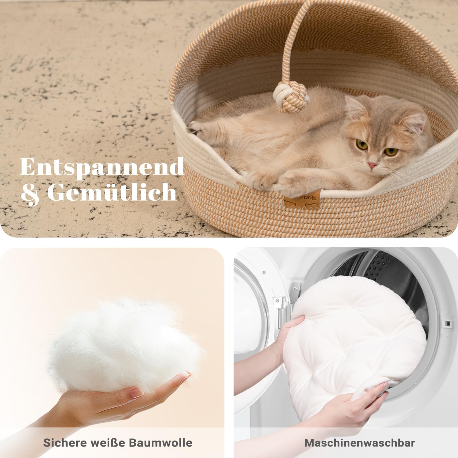 CheerPals Katzenbett mit Kissen, 47cm Waschbar Katzenkorb aus Baumwollseilen geflochten, zum Schlafen für Alle Katze, All Season Universal