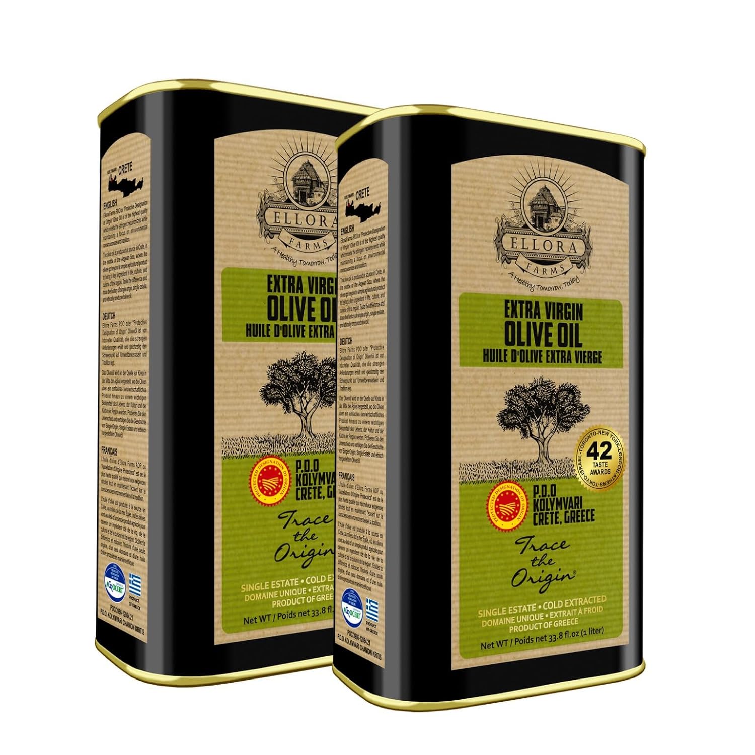 Ellora Farms Olive Oil Extra Virgin, Certified Single Estate PDO, Polyphenol Rich Extra Virgin Olive Oil Cold Pressed & Traceable, Global Gold Awards EVOO, Kosher, Crete, Greece 33.8 Fl oz (1 Ltr)