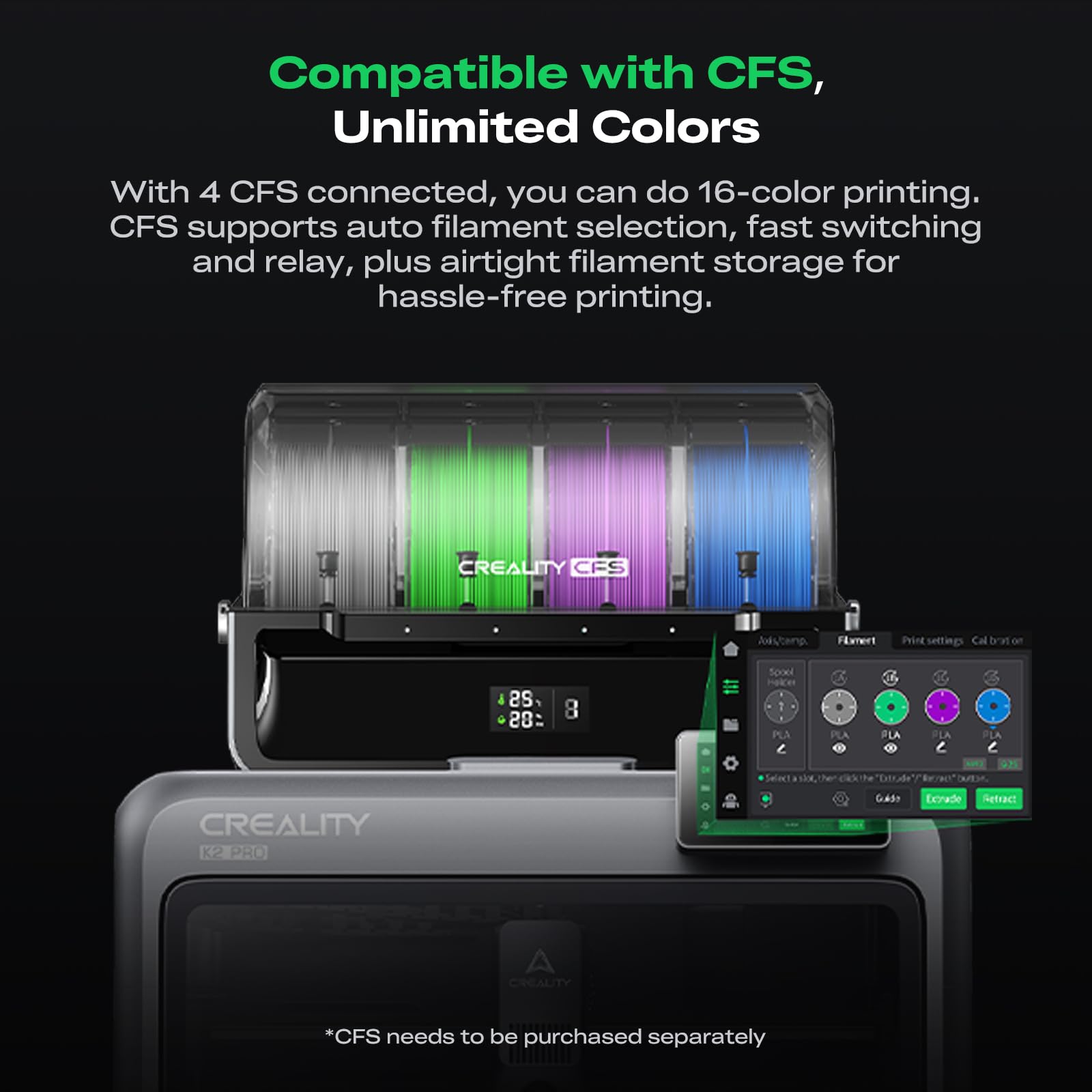 Creality K2 Pro Combo (A) 3D Printer, Multicolor Color Printing with CFS, 600mm/s High-Speed, Dual AI Camera, Active Chamber Heating, Auto Leveling, Large Build Volume 300×300×300mm