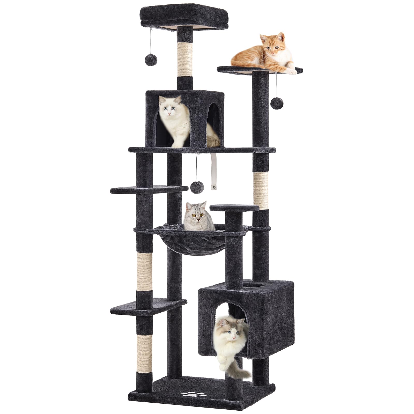 MSmask Kratzbaum groß, L Katzenbaum Stabil, Katzenkratzbaum mit 2 Plattformen, 2 Katzenhöhlen, Hängematte, Sisalsäulen, mehrstöckiger Kletterbaum für Katzen (Hellgrau, 160 cm)