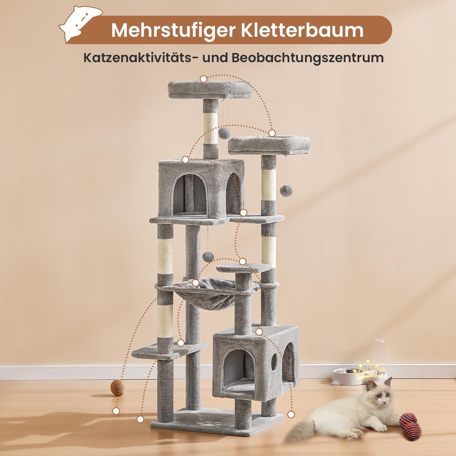 MSmask Kratzbaum groß, L Katzenbaum Stabil, Katzenkratzbaum mit 2 Plattformen, 2 Katzenhöhlen, Hängematte, Sisalsäulen, mehrstöckiger Kletterbaum für Katzen (Hellgrau, 160 cm)