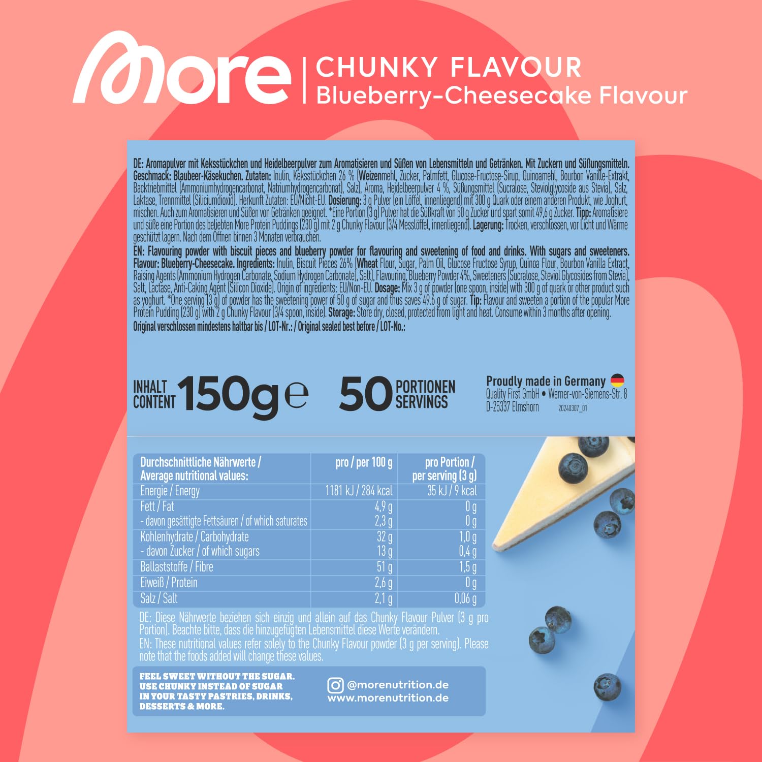 MORE Chunky Flavour, Vanilla Perfection, 150 g, vegan, Geschmackspulver zum Süßen, ohne viel Zucker und Kalorien, mit Inulin und Laktase - made in Germany