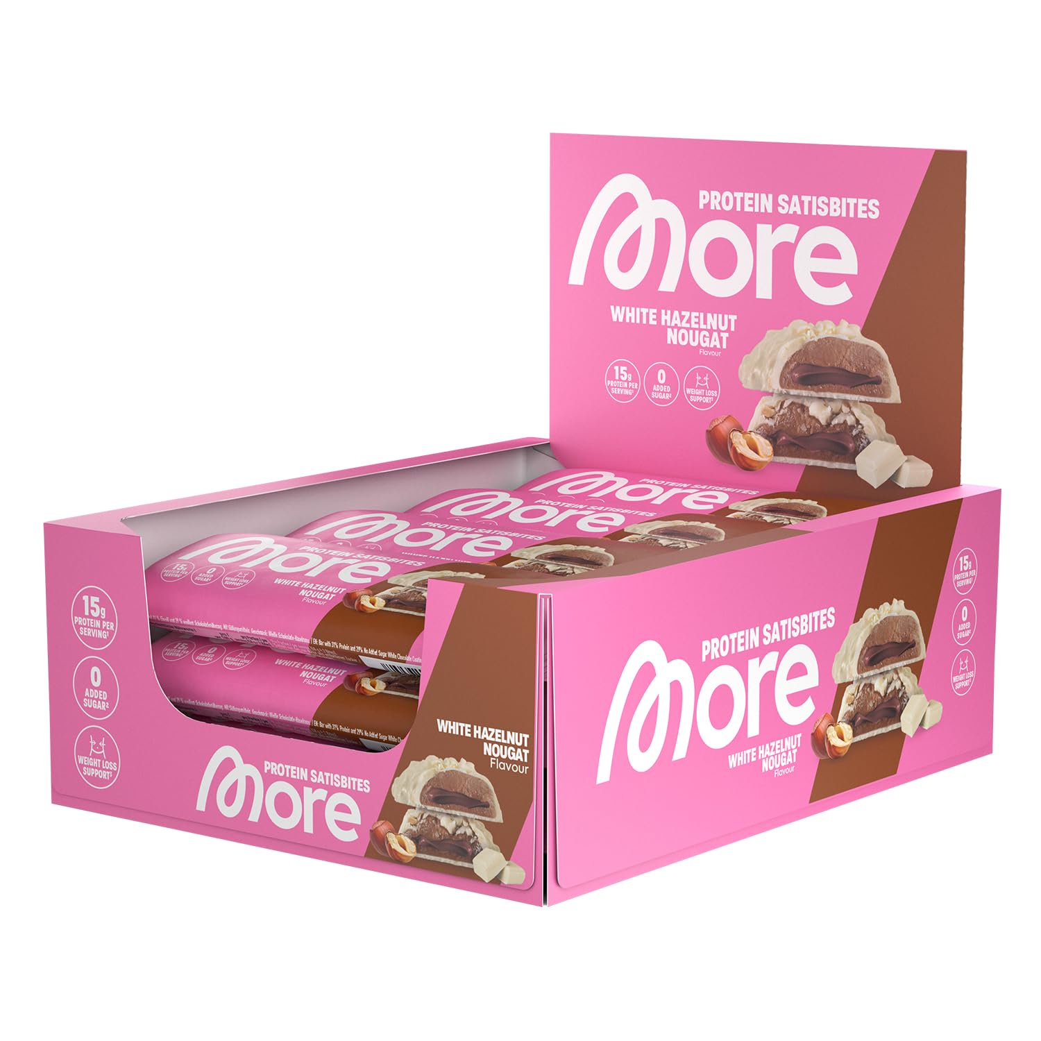 MORE Protein Satisbites, 12er Box Proteinriegel, 12 x 2 x 25 g, White Chocolate Strawberry Cream, bis zu 16 g Protein pro Portion, ohne Zuckerzusatz, made in Germany