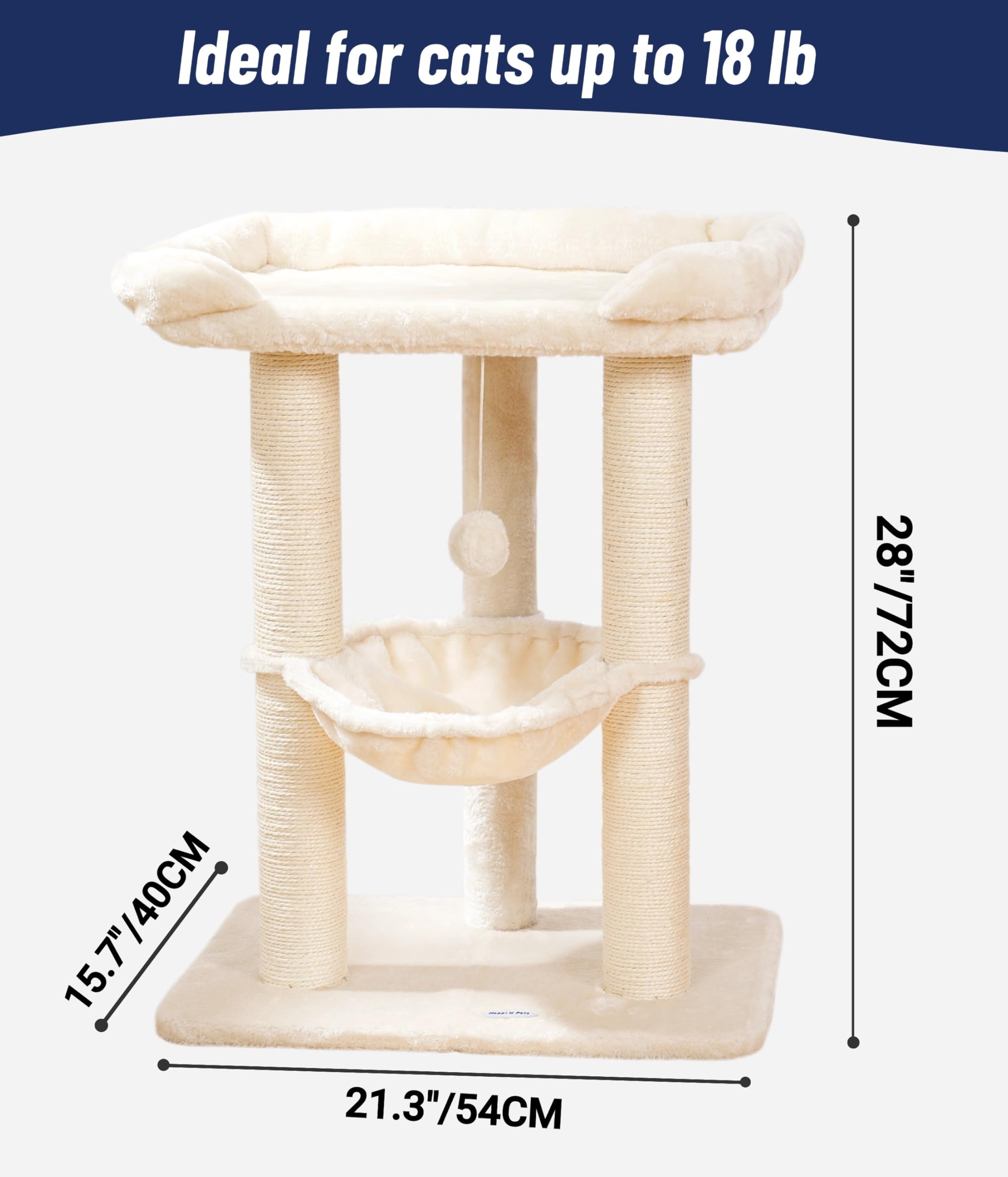 Happi N Pets 71CM Kratzbaum für Katzen, Hoher Kratzstamm mit großem Bett für große Katzen, Sisal-Kratzbaum mit weicher Liegefläche & Hängematte, Stabiler Katzenbaum, Abnehmbarer Bezug-Beige