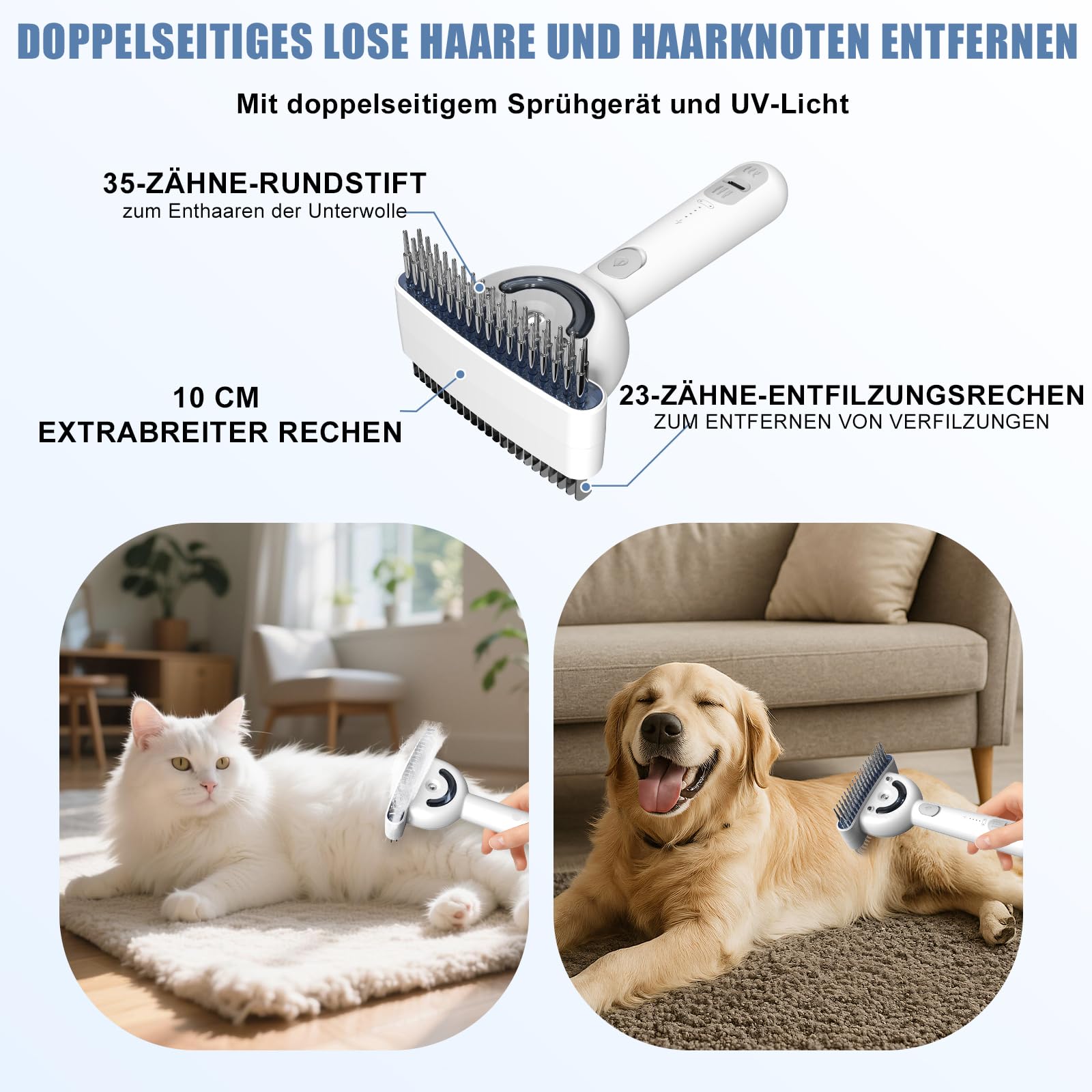 Katzenbürste mit Dampf & Auslöseknopf, Wiederaufladbar Dampfbürste von Katze Hunde, Spray Haustierhaar Bürste, Massage Steamer Kamm für Langhaar und Kurzhaar zum Entfernen Losem Fell und Schmutz