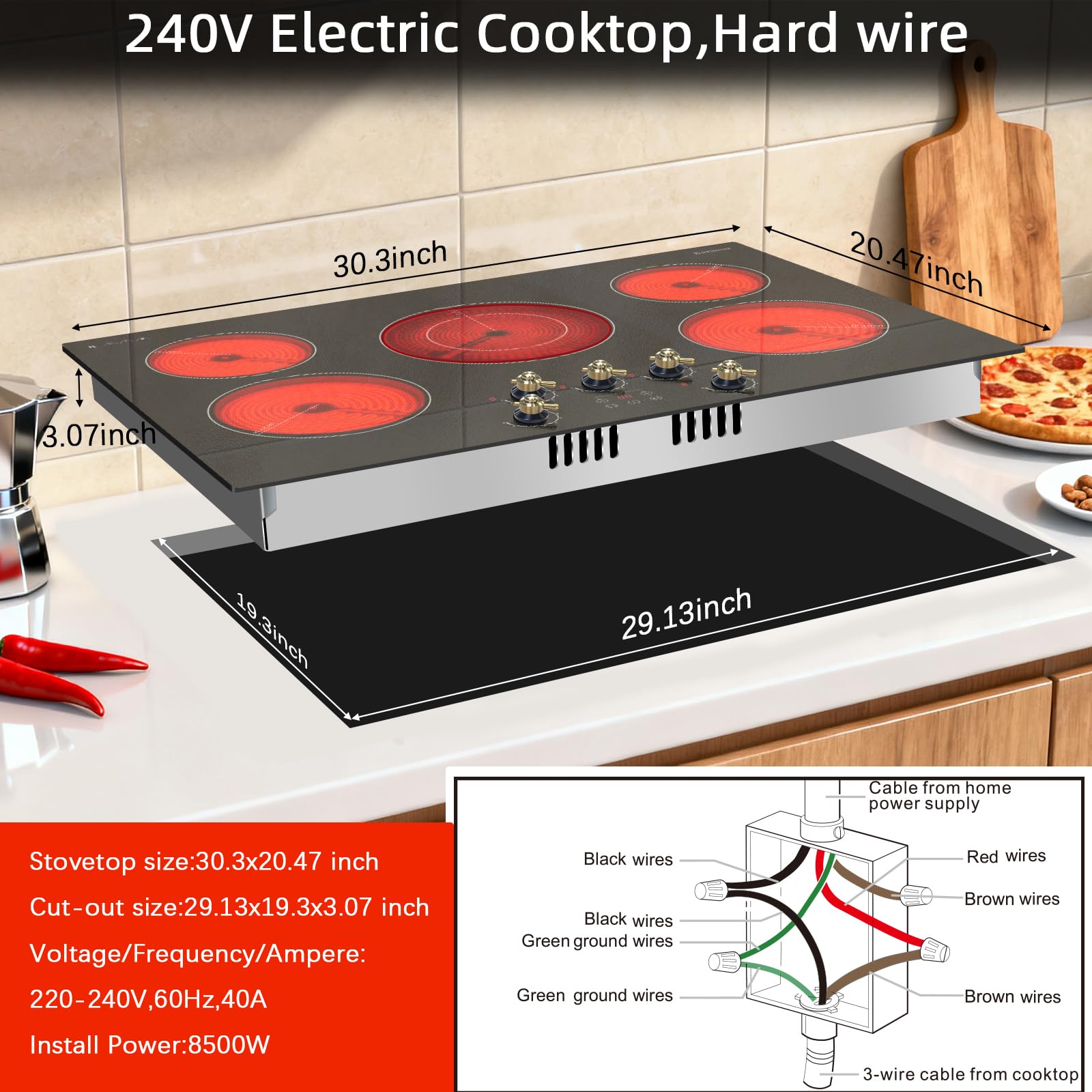 Karinear 30 Inch Electric Cooktop 4 Burners, Knob Control Built-in Ceramic Cooktop, 30" Radiant Electric Stove Top with Glass Protection Metal Frame,Fits Most Existing Cutouts, 220-240v, Hard Wire