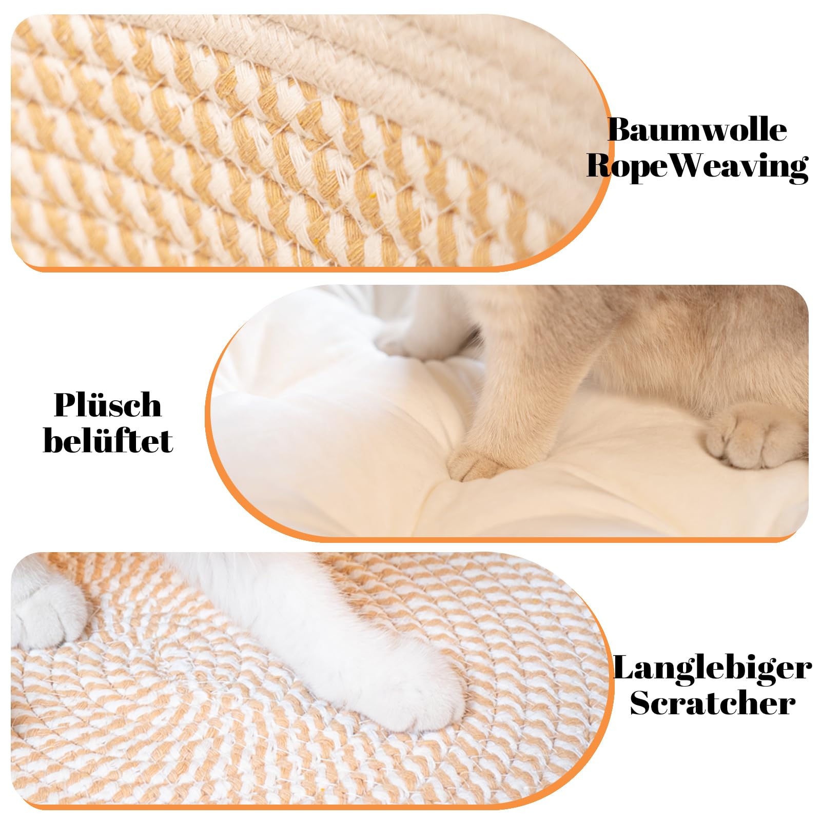 CheerPals Katzenbett mit Kissen, 47cm Waschbar Katzenkorb aus Baumwollseilen geflochten, zum Schlafen für Alle Katze, All Season Universal