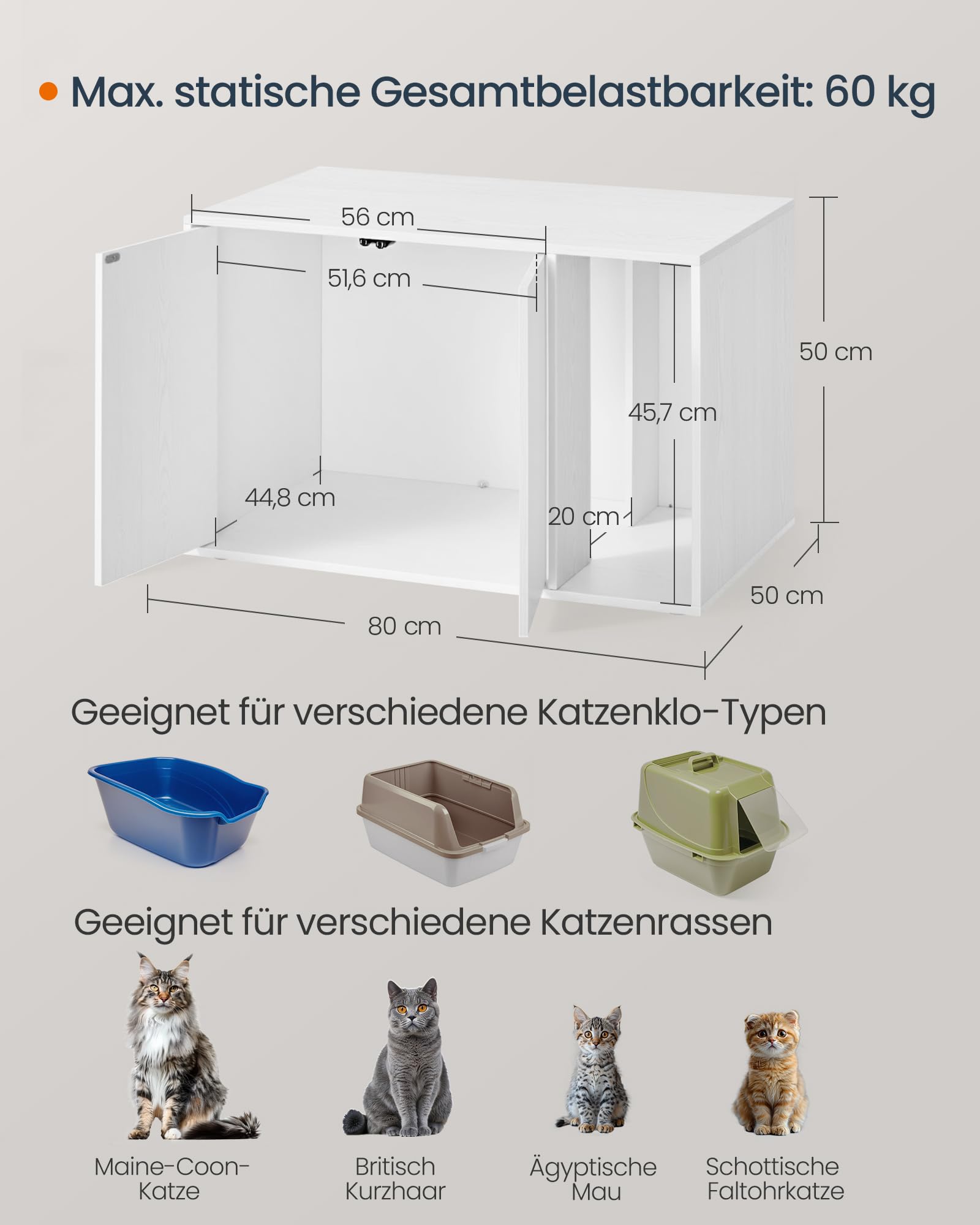 SONGMICS HOME Katzenklo Schrank, superschnelle werkzeuglose Montage, Toolless-Technologie, Katzenhaus für Katzentoilette, Werkzeuglose Montage, Push-to-Open, 80 x 53 x 50cm, schneeweiß PCL013W01