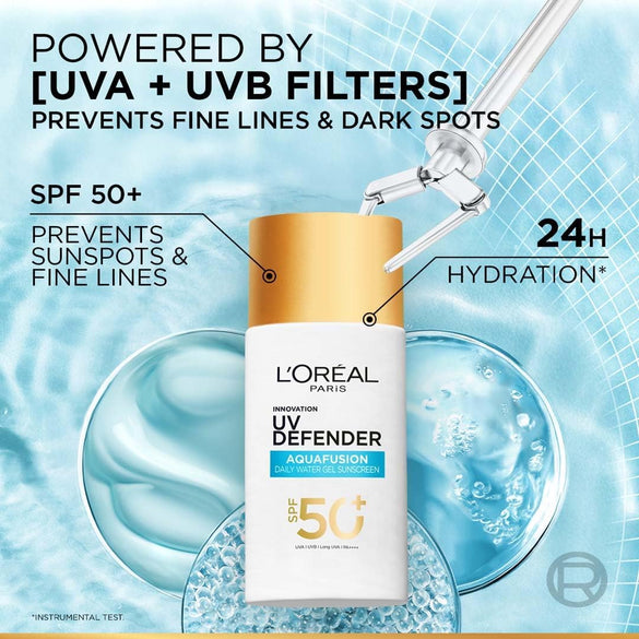 L’Oréal Paris UV Defender Aquafusion Daily Water Gel Sunscreen SPF50+ PA++++, Defends from all UV aging signs, Absorbs in 3 Seconds, 50ml