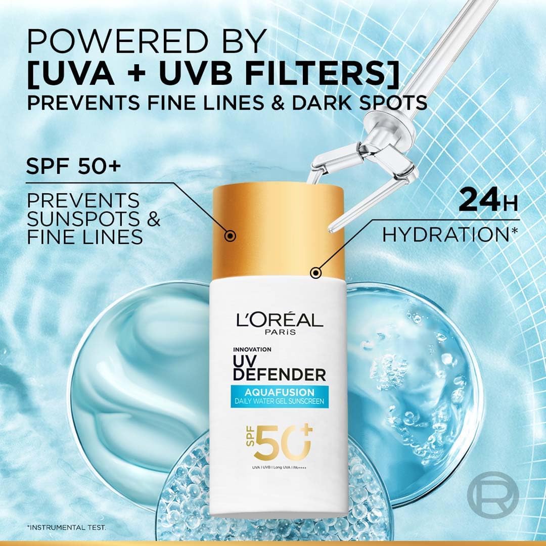L’Oréal Paris UV Defender Aquafusion Daily Water Gel Sunscreen SPF50+ PA++++, Defends from all UV aging signs, Absorbs in 3 Seconds, 50ml