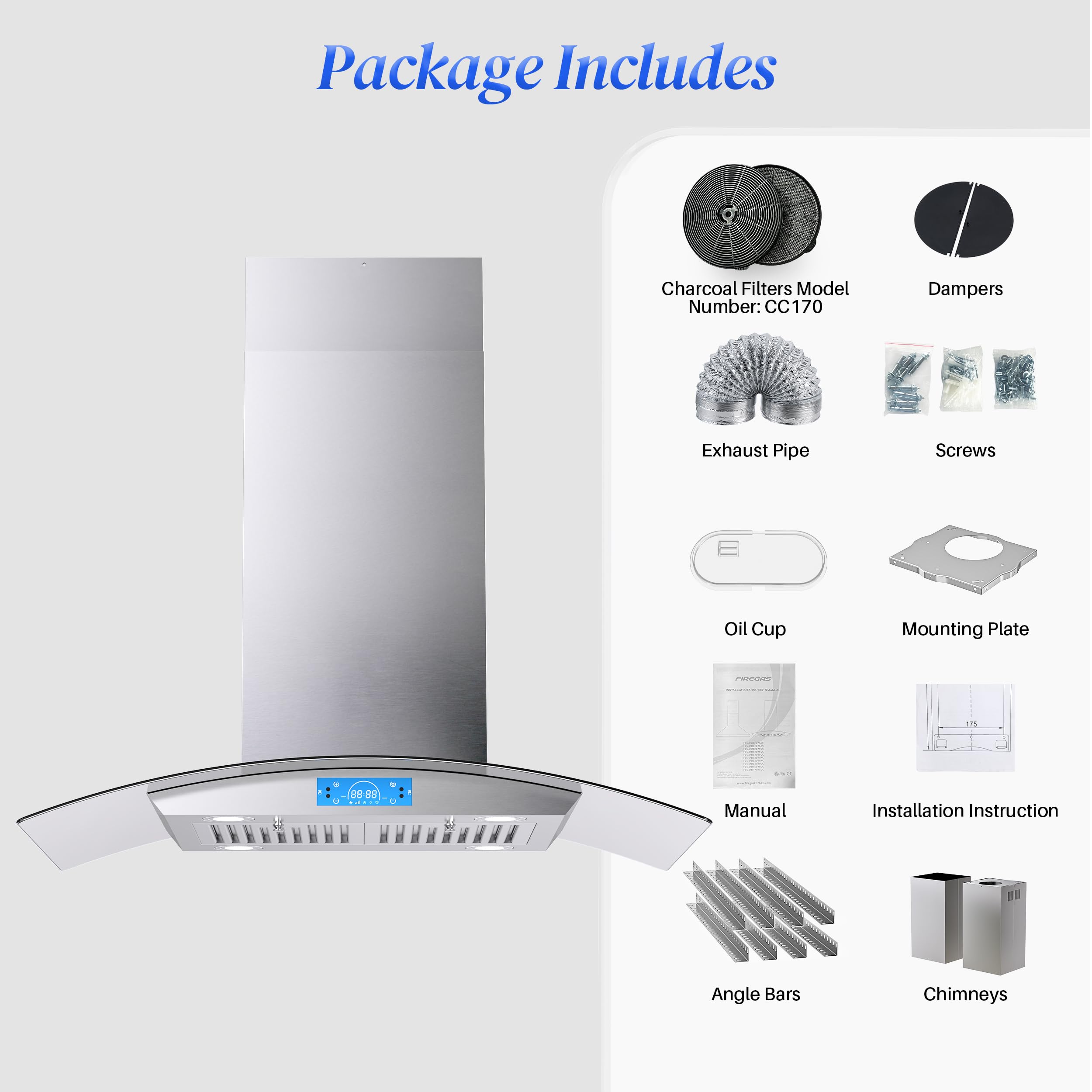 FIREGAS Island Range Hood 30 inch 700 CFM with Chimney, Ceiling Mount Kitchen Vent Hood with Tempered Glass, 4 LED Lights, Permanent Filters, Premium Touch Control Panel, Includes Charcoal Filter