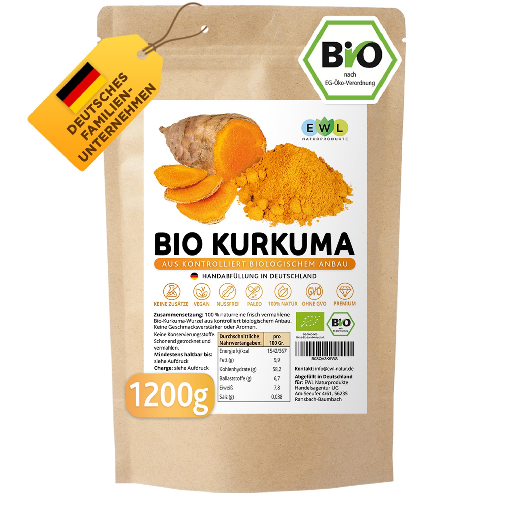 Bio Kurkuma Pulver I Kurkuma Pulver Bio I Kurkumapulver aus kontrolliert biologischem Anbau I Abgefüllt und kontrolliert bei uns in Deutschland 1kg Curcuma Pulver