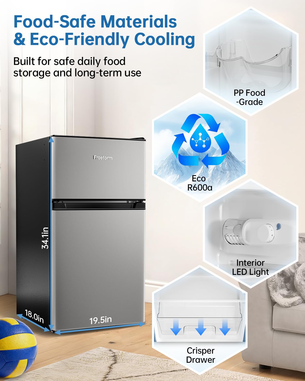 Frostorm 3.2 Cu Ft Mini Fridge with Freezer - Energy Efficient, Large Capacity Single Door Upright Freezer for Bedroom, Office & Dorm | Small Fridge, Reversible Door, ETL Certified(Black)