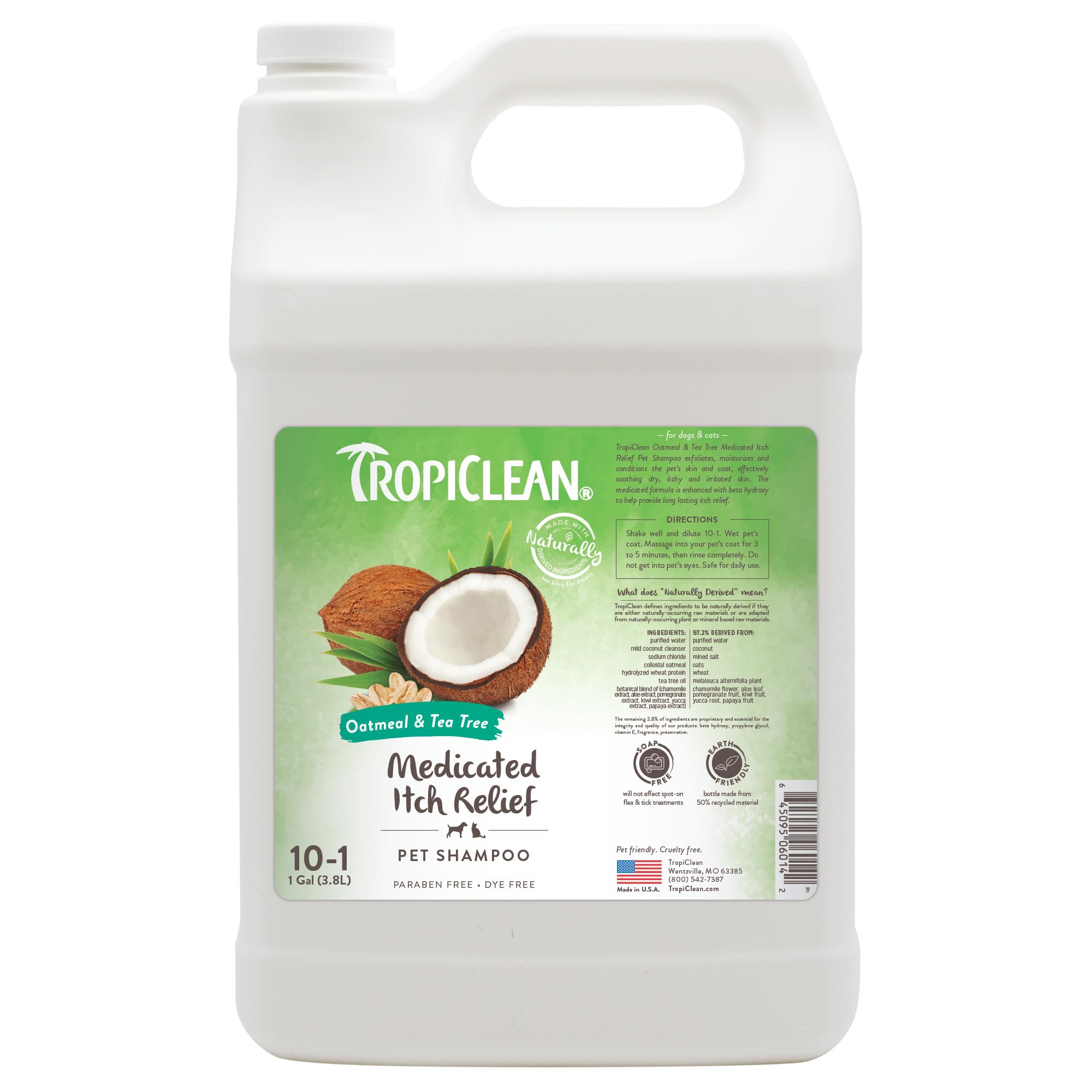 TropiClean Shampoo für Tiere - Med. Juckreizlinderung - Peelt, Befeuchtet & beruhigt trockene, juckende Haut & Fell I Für Hunde & Katzen I Parabens-, Farb- und Seifenfrei - Hafermehl & Teebaum, 3,78 L