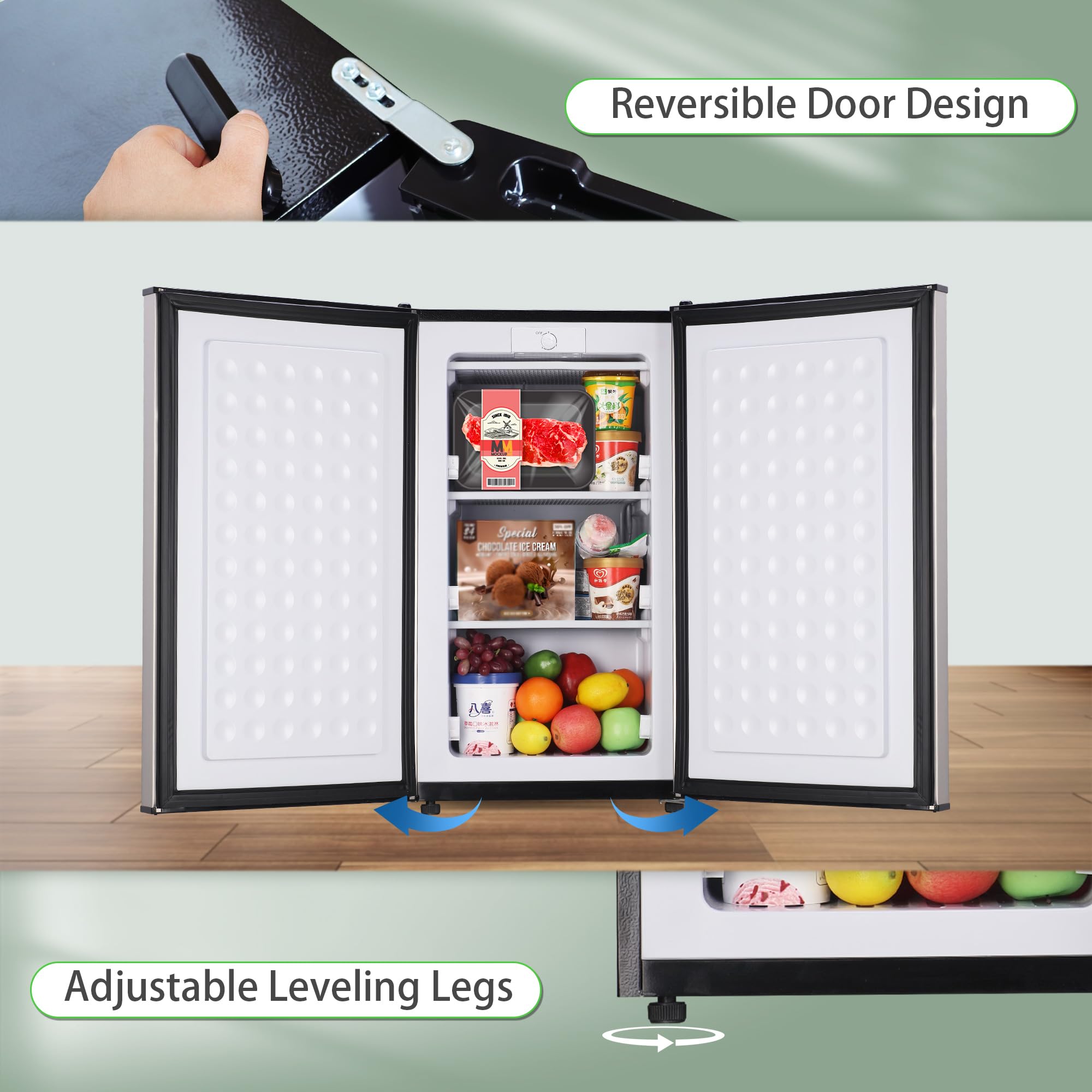 Mini Upright freezer 3.6 Cubic Feet Mini Freezer, Single Door Compact Freezer with Reversible Stainless Steel Door, 3-Speed Temperature Adjustment Small freezer for Home, Glossy Silver