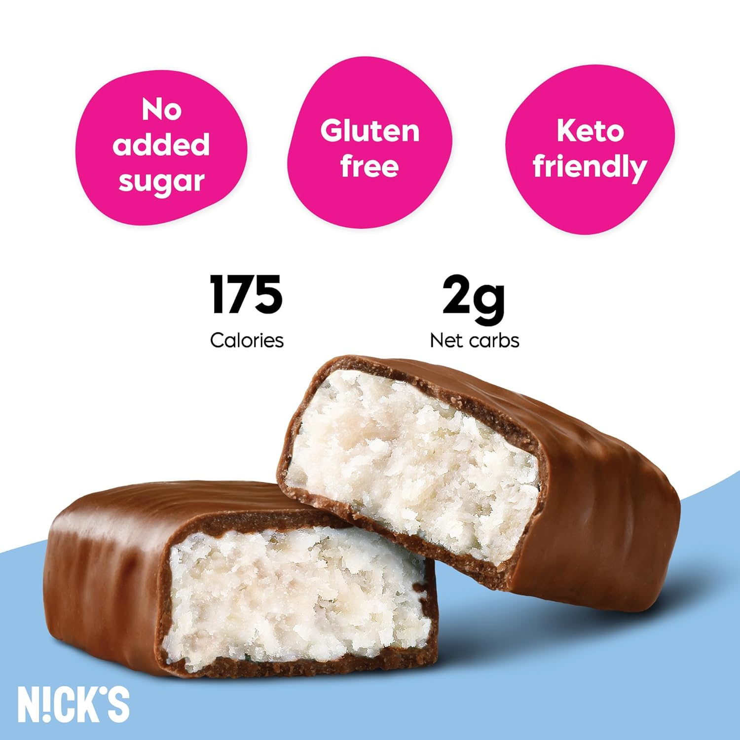 NICKS Keto Riegel Coconut, Schokolade Kokos Snacks, 175 Kalorien, 2 Net carbs, ohne Zuckerzusatz, Glutenfrei, Low carb Süssigkeiten (15x40g)