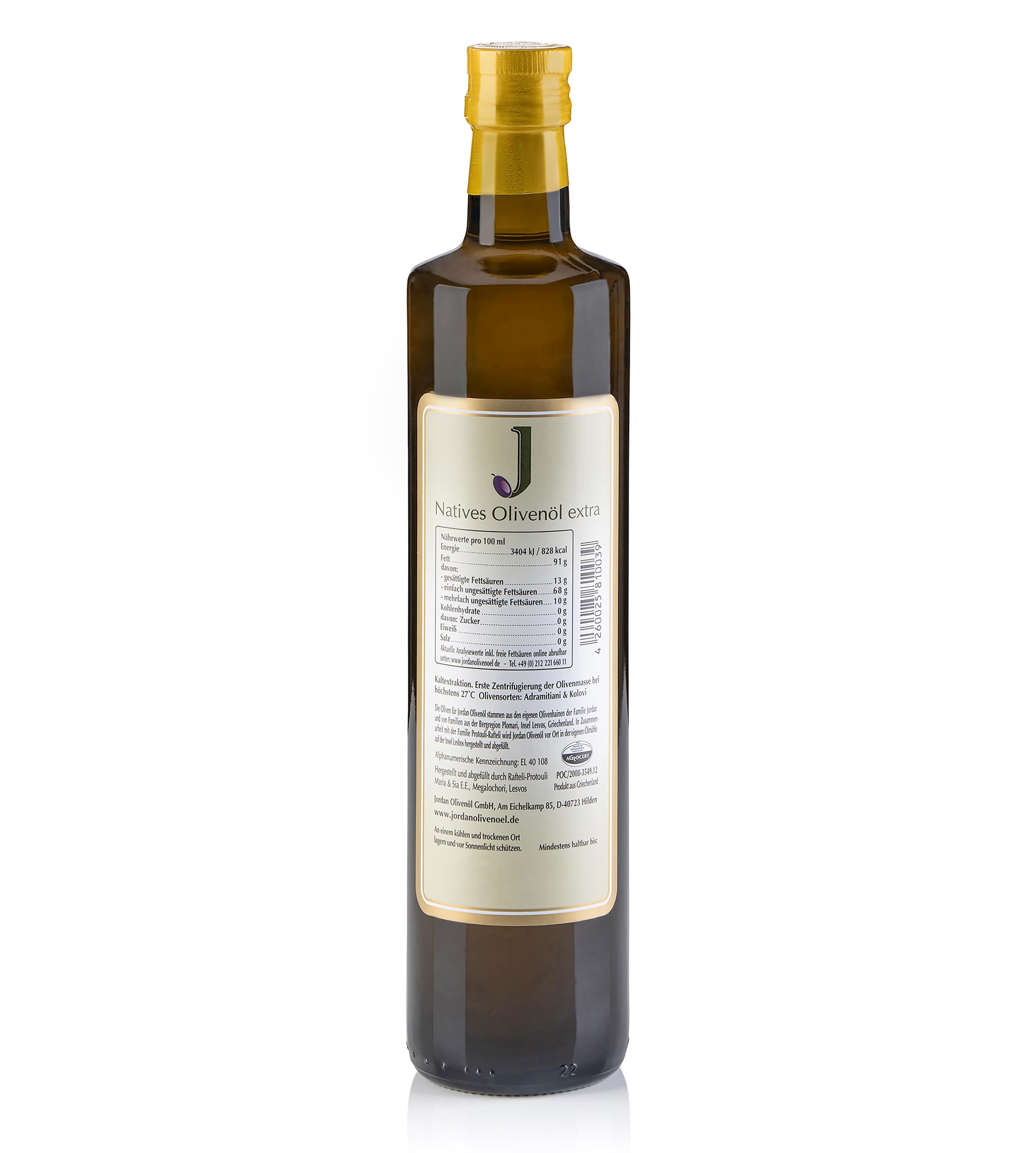 Jordan Olivenöl – Natives Olivenöl Extra - Flasche - 750 Milliliter - Öl kaltgepresst - griechische Oliven von Lesbos aus Jordans Olivenhainen - Ölflasche mit integriertem Ausgiesser & Tropfschutz