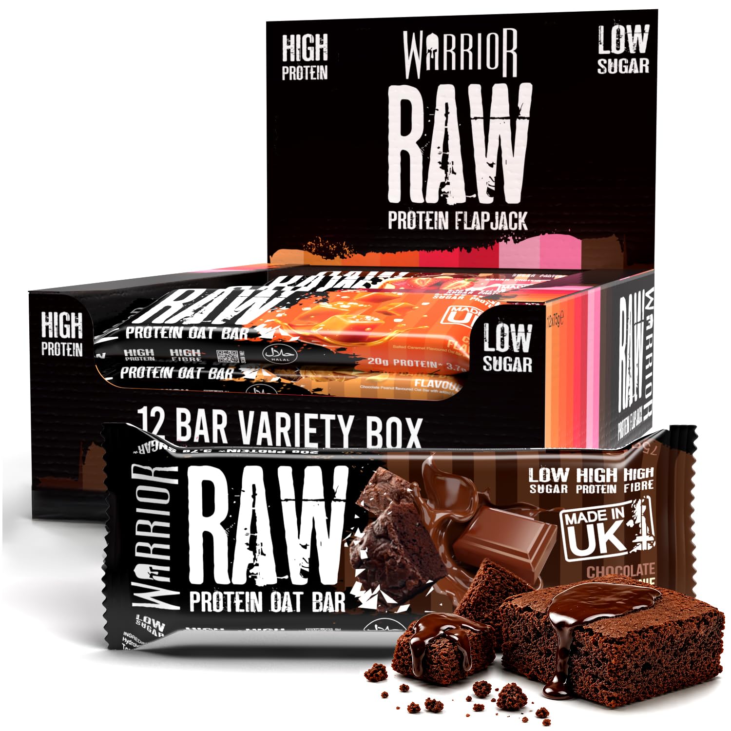 Warrior Raw Proteinriegel 12 x 75 g – Ballaststoffreicher Haferriegel mit Protein, High Protein Snack ohne Zucker, Natürlicher Haferflocken Riegel mit Präbiotika – Schoko-Brownie