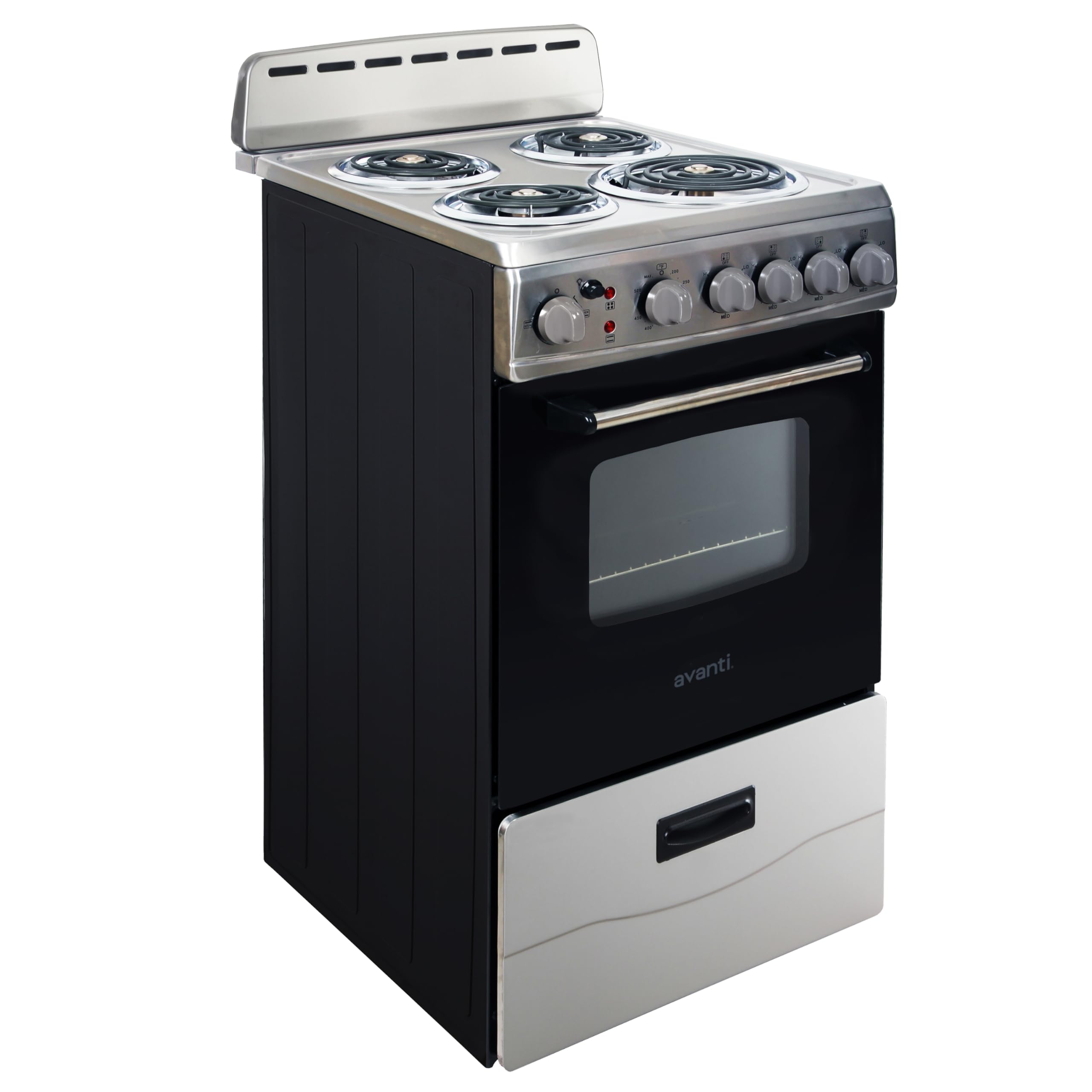 Avanti Electric Range Oven Compact Design, 2.1-Cu.Ft. Capacity with 4 Coil Burners, Framed Glass Oven Door, Storage Drawer and Broiler with Pan Perfect for Apartments, 20-Inch, Stainless Steel