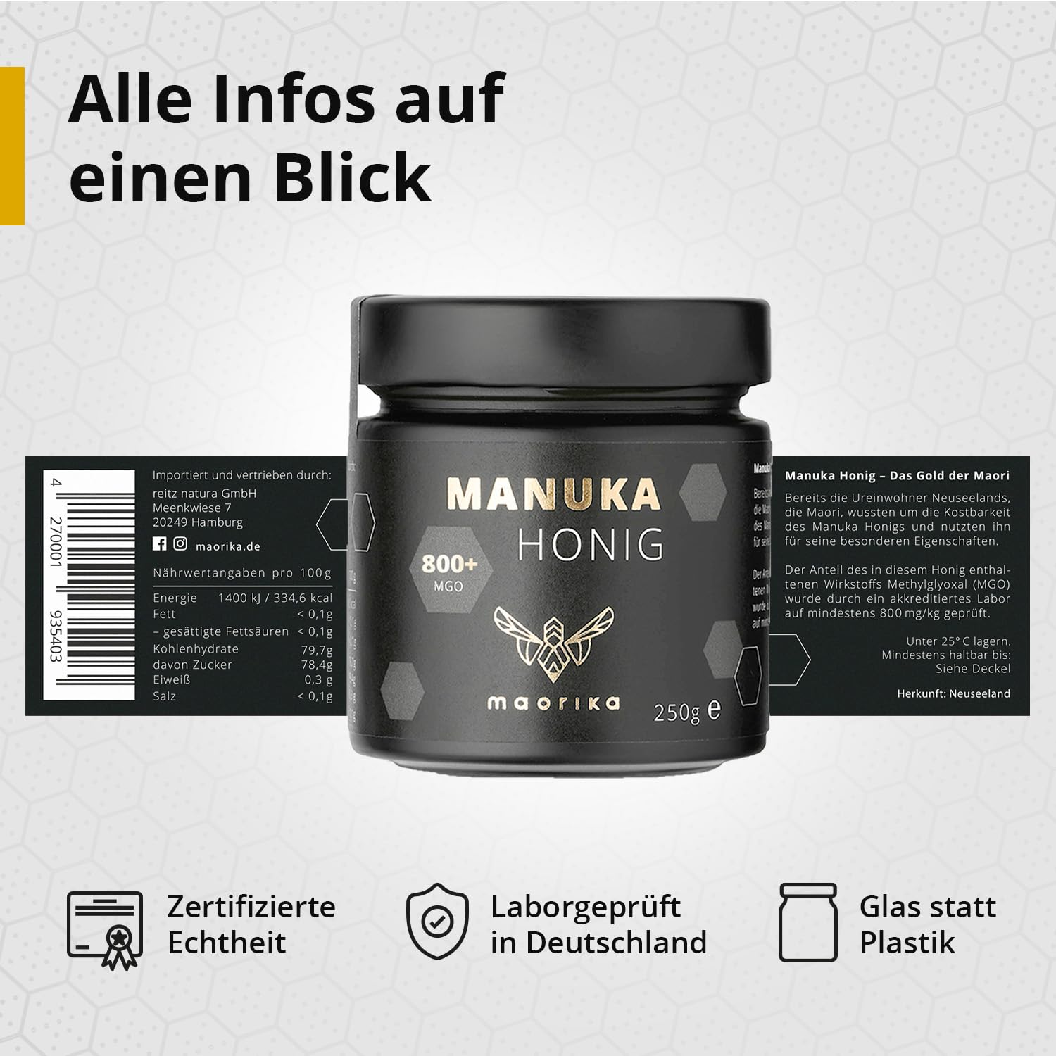 maorika - Manuka Honig 800 MGO + 250g im Glas (lichtundurchlässig, kein Plastik) - laborgeprüft, zertifiziert aus Neuseeland