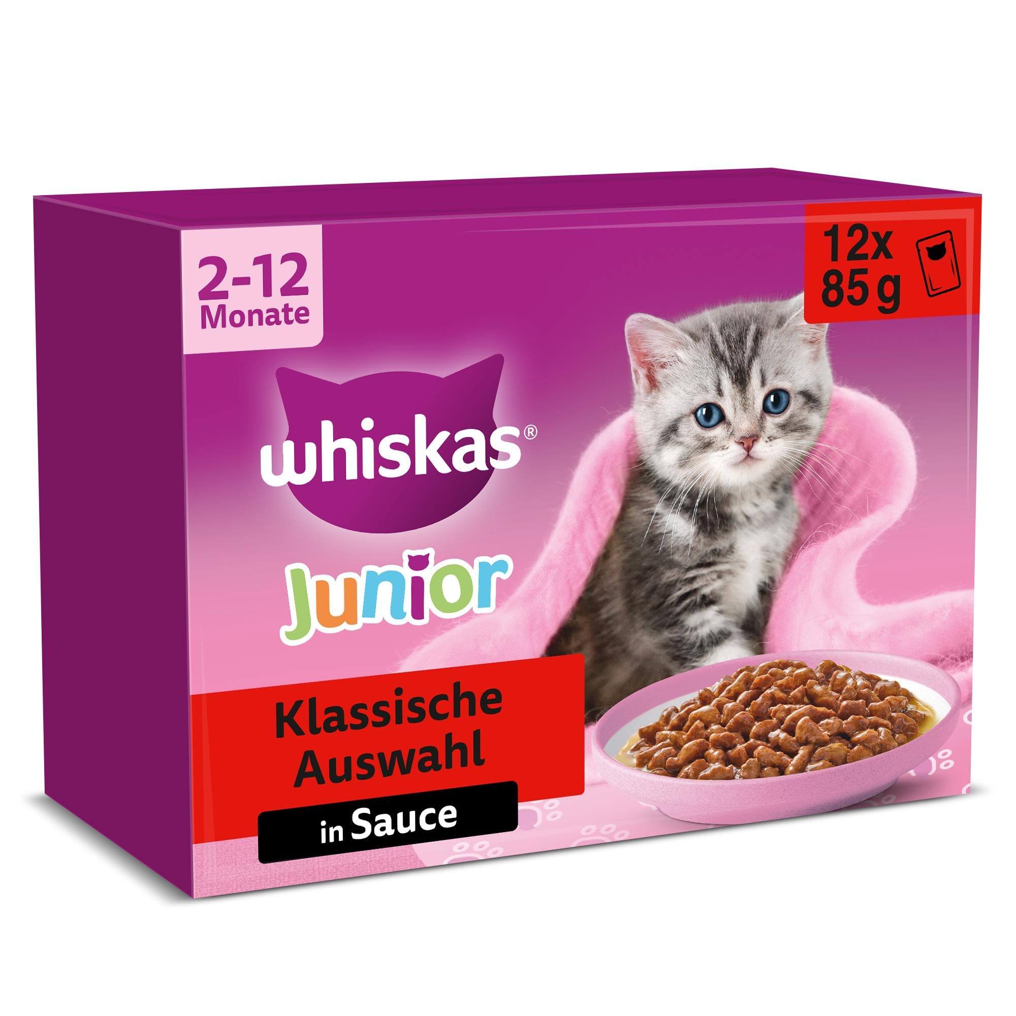 Whiskas Junior Katzennassfutter Klassische Auswahl in Sauce, 48 Portionsbeutel, 12x85g (4er Pack) – Hochwertiges Katzenfutter nass, für heranwachsende Katzen von 2 bis 12 Monaten