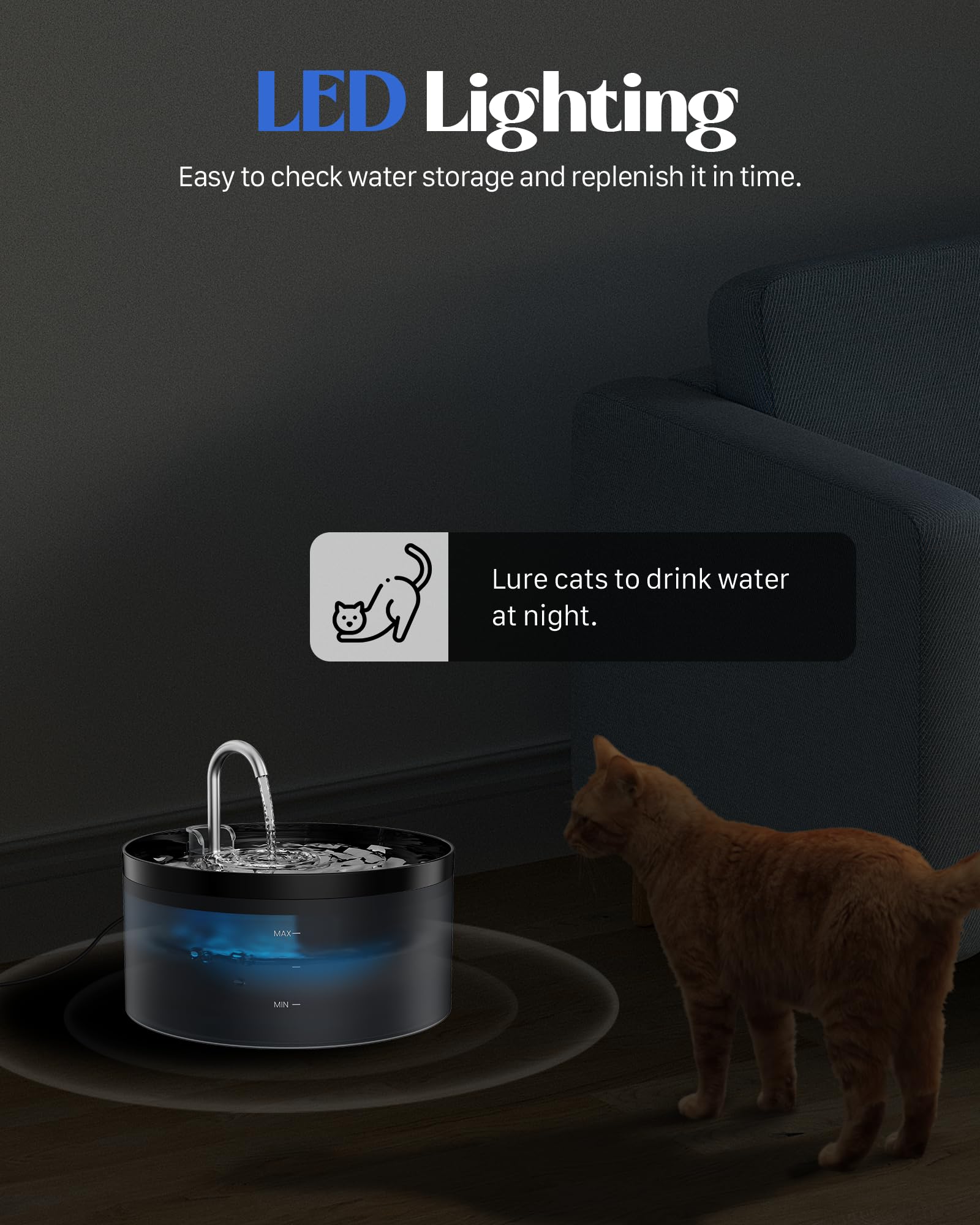 GIOTOHUN Katzenbrunnen Trinkbrunnen für Katze: 2L Katzenbrunnen für Katzen - Katzen Trinkbrunnen Super Silent - Eingebautes LED Licht - Aktivkohlefilter - Durchsichtiger Wassertank - Schwarz