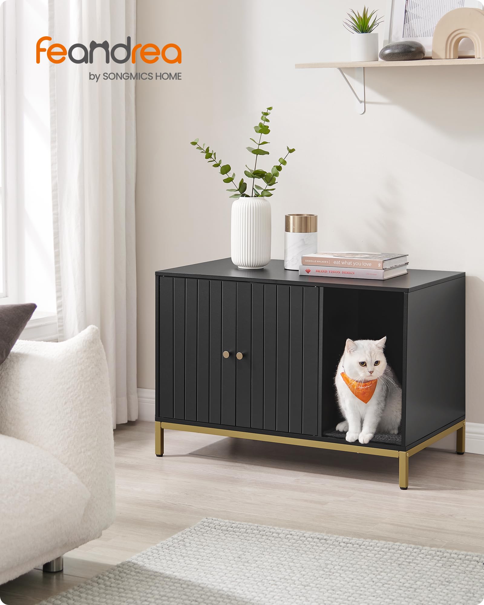 Feandrea Katzenklo-Schrank, Katzenhaus, Katzentoilette, mit Kratzmatte, hohe Beine, für Katzen, Beistelltisch, 80 x 50 x 55 cm, weiß-goldfarben PCL007W01