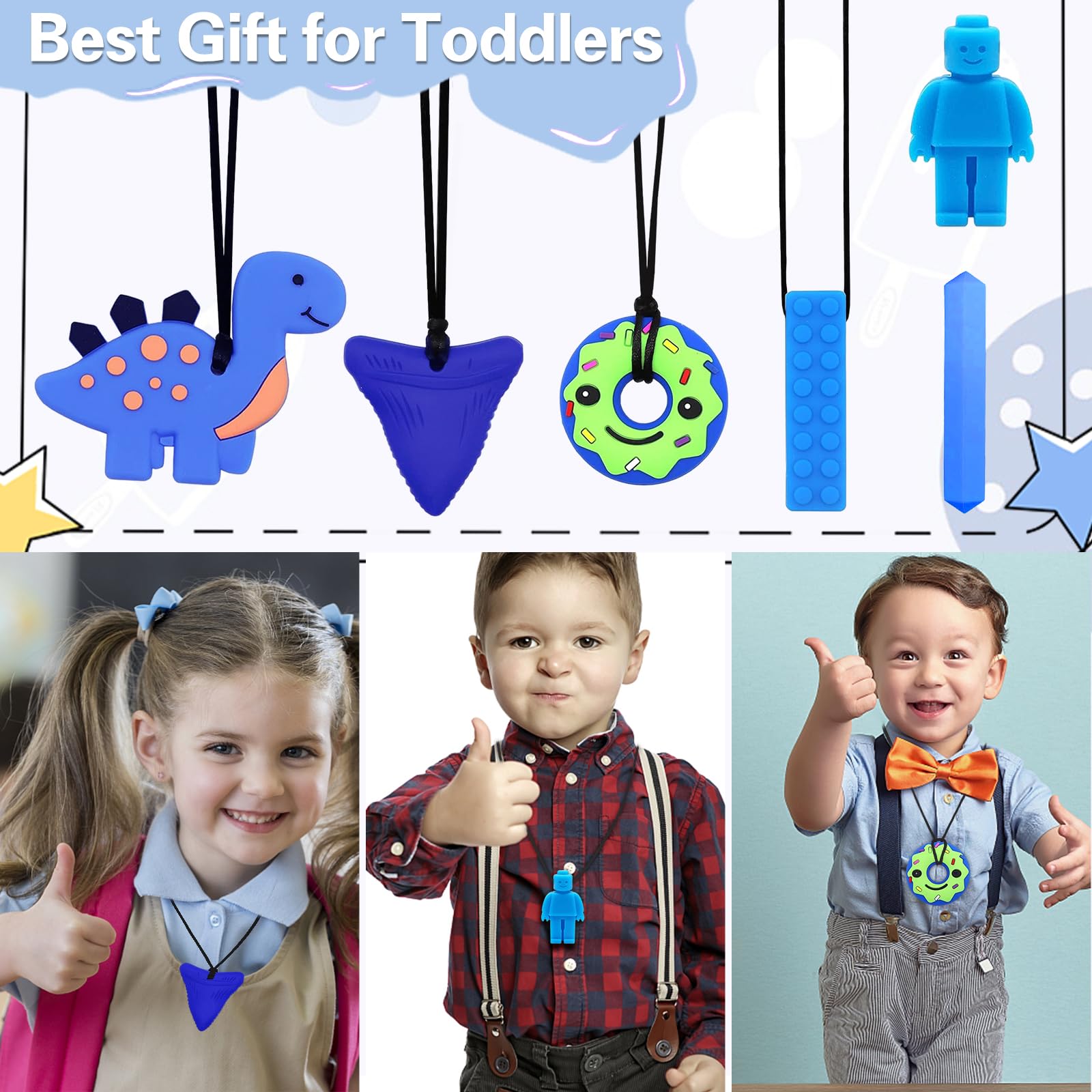 Kaukette für Kinder, 6 Stück Sensory Kauen Halskette, Silikon Beißring für Baby, Autismus Spielzeug für Jungen und Mädchen, Perfekt für Kinder mit ADHS, Zahnen, Beißende, Fingernägel Kauen (Blau)