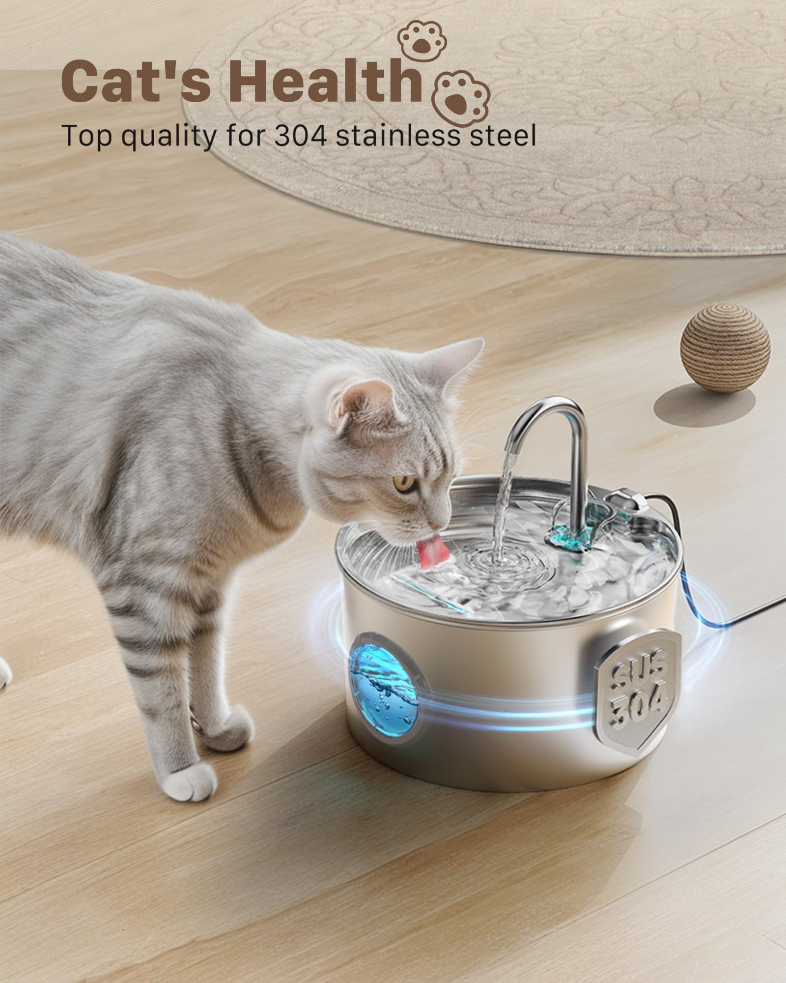 Katzenbrunnen Edelstahl Trinkbrunnen für Katze: Katzenbrunnen für Katzen - 2.2L Wasserbrunnen für Katzen mit 1 Filter und 1 Schwamm - Automatisch Katzentrinkbrunnen für Hunde mit Sichtfenster
