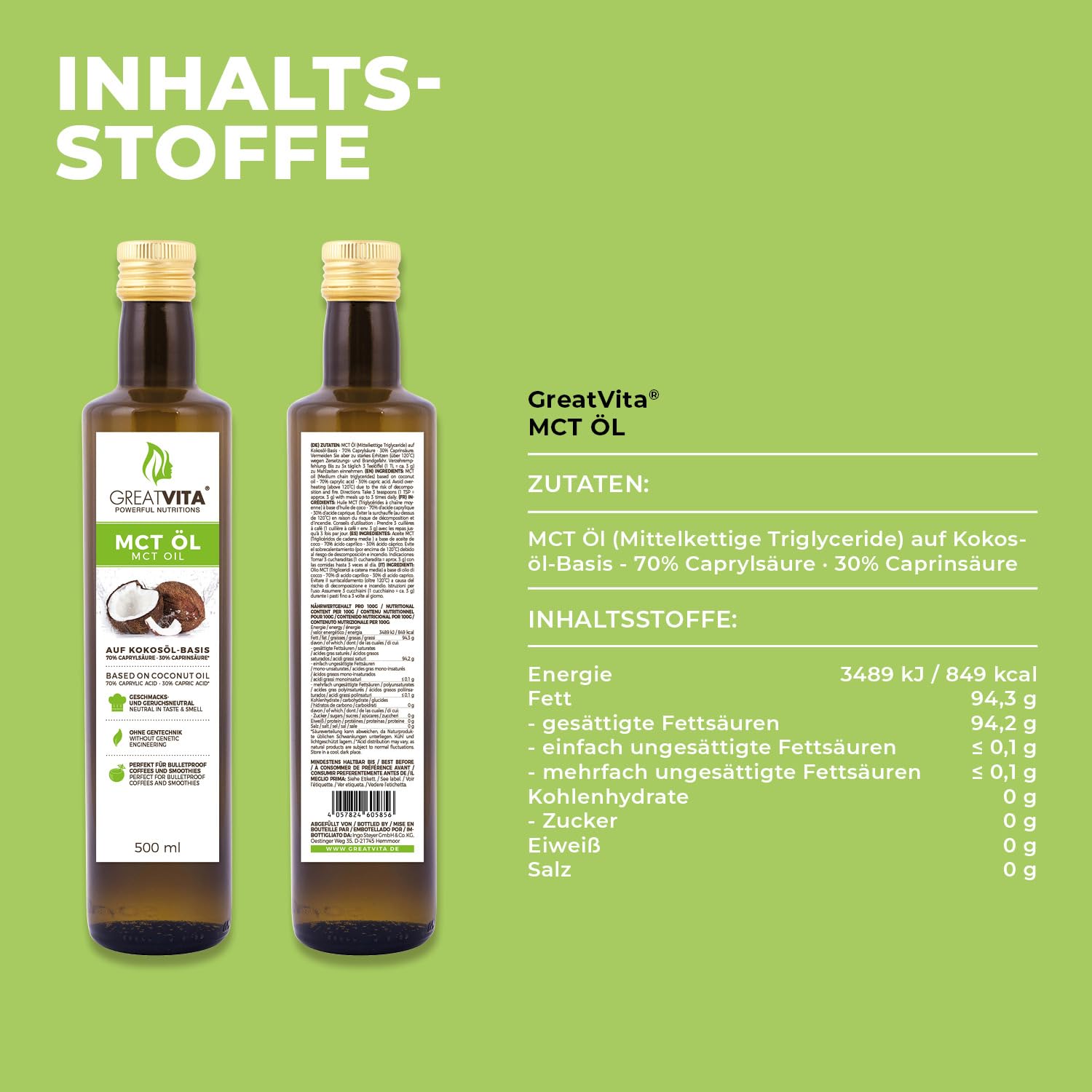 GreatVita MCT Öl auf Kokosölbasis 2x 500 ml | C8 & C10 Fettsäuren, Premium Qualität - 70% Caprylsäure & 30% Caprinsäure - Aufdruck kann variieren