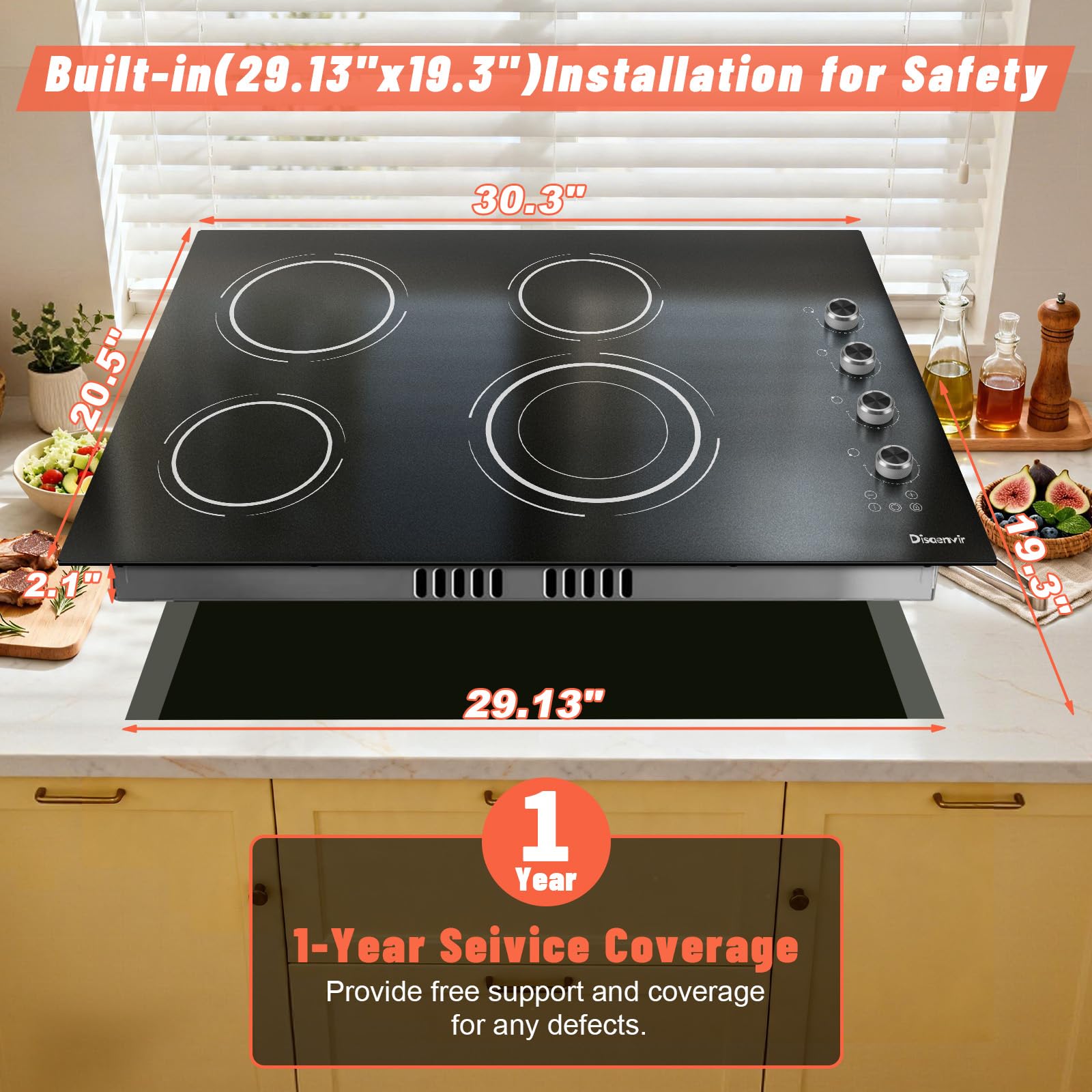 Disaenvir 29.13 Inch (Cut-out Size: 29.13"x19.3") Electric Cooktop - 30 Inch 9000W Powerful 5 Burner Electric Stovetop, Built-in Ceramic Stove 30“, Timer, Safety Lock, Pause, 240V Hard Wired (No Plug)
