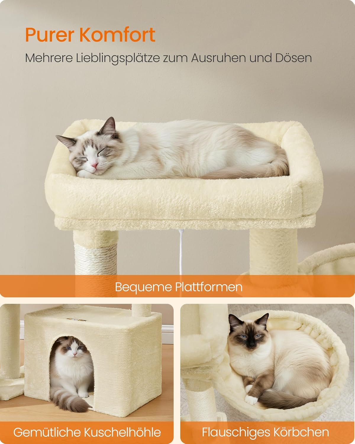 Feandrea Kratzbaum, Katzenbaum mit Kratzsäulen, Rampe, Katzenkratzbaum, 2 große Plattformen, Höhle und Korb, 85,8 cm hoch, Taubengrau PCT013GD01