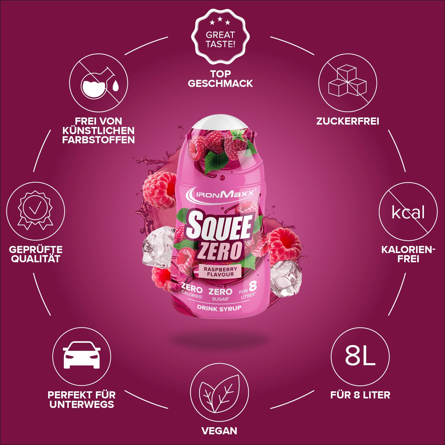 IronMaxx SqueeZero - Raspberry 65ml | Sirup, Erfrischendes Geschmackserlebnis für 8 Liter, Zuckerfrei und Kalorienfrei in 100ml verzehrfertigem Getränk
