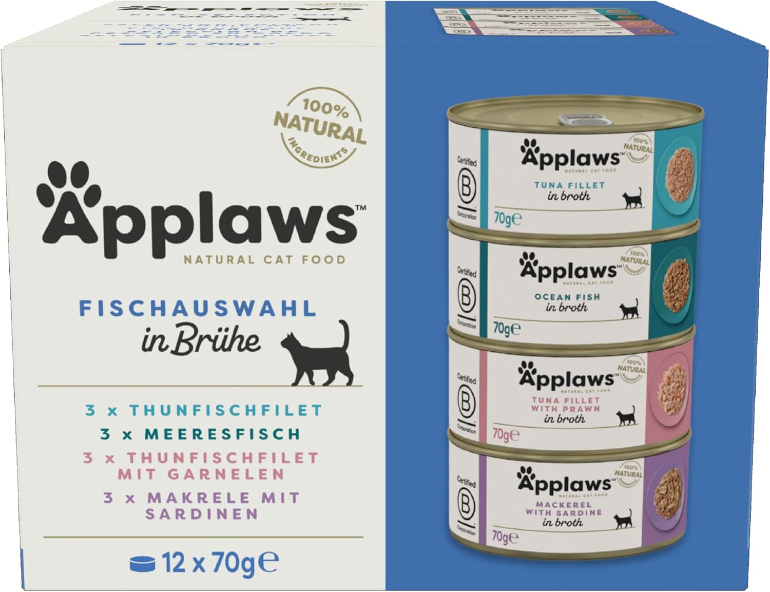 Applaws 100% Natural Thunfischfilet Nassfutter in Brühe für ausgewachsene Katzen - 24 x 70g Dosen
