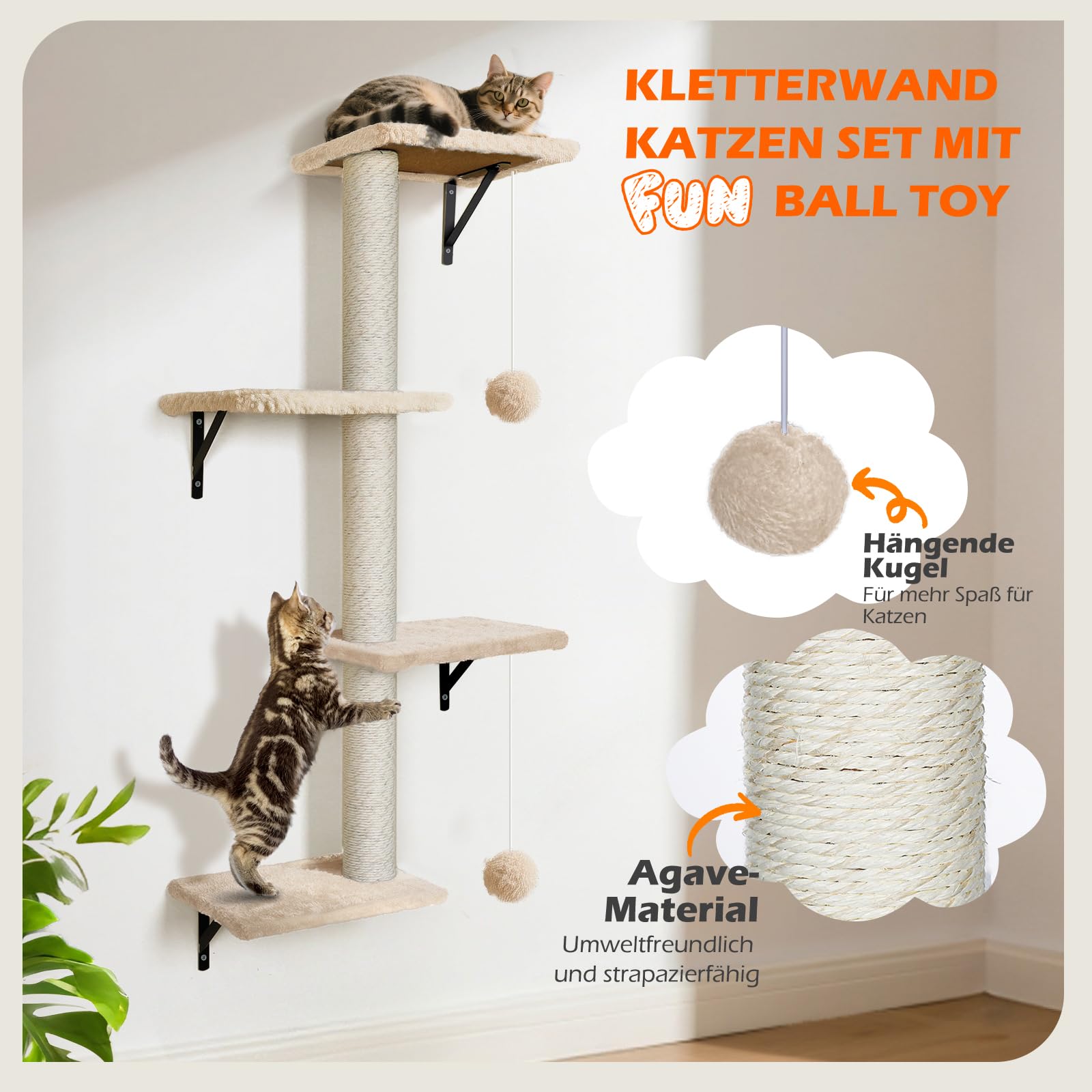 Kletterwand Katzen 10-teilig, Wandmontage Katzenmöbel Set mit Katzenbrücke, Katzenhaus, Kratzbaum & Hängematte, Stabiler Katzentreppe bis 10 kg, Beige