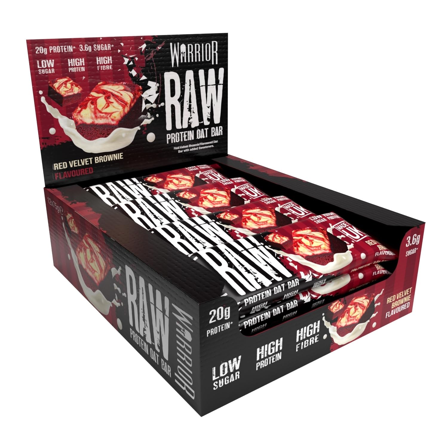 Warrior Raw Proteinriegel 12 x 75 g – Ballaststoffreicher Haferriegel mit Protein, High Protein Snack ohne Zucker, Natürlicher Haferflocken Riegel mit Präbiotika – Schoko-Brownie