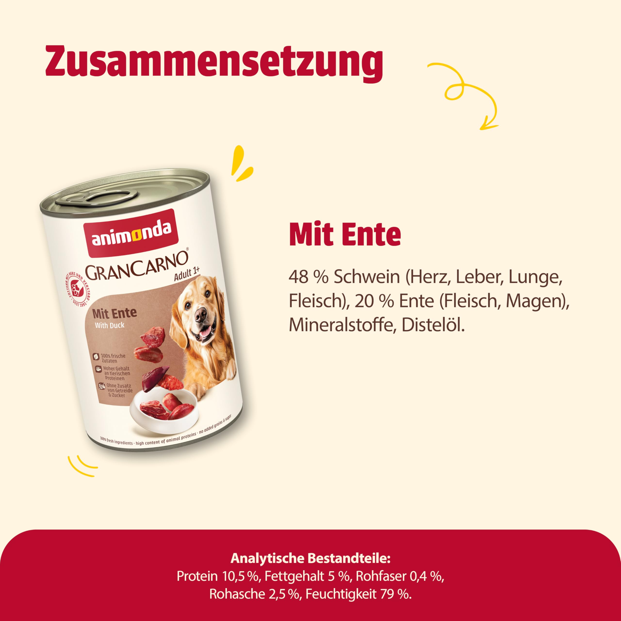 animonda GranCarno Hunde Nassfutter mit Rind + Entenherzen (6 x 800 g), getreidefreies Hundenassfutter ohne Zucker, für ausgewachsene Hunde, mit frischen fleischigen Zutaten
