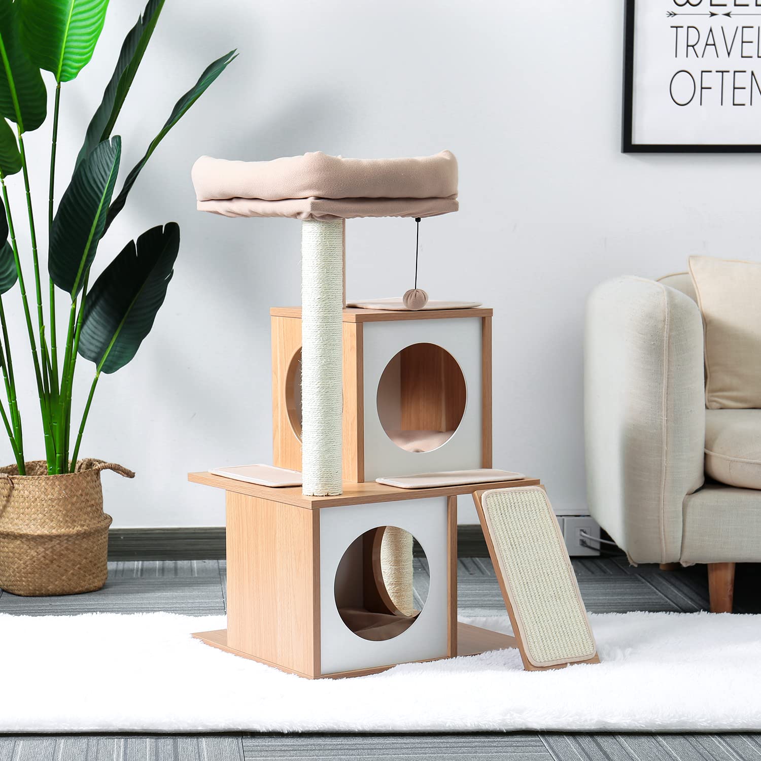 PETEPELA Katzenbaum Kratzbaum Kratzbäume Katzenmöbel mit Sisal-Seil Plüsch Liege höhlen Spielhaus Spielzeug für Katzen Grau