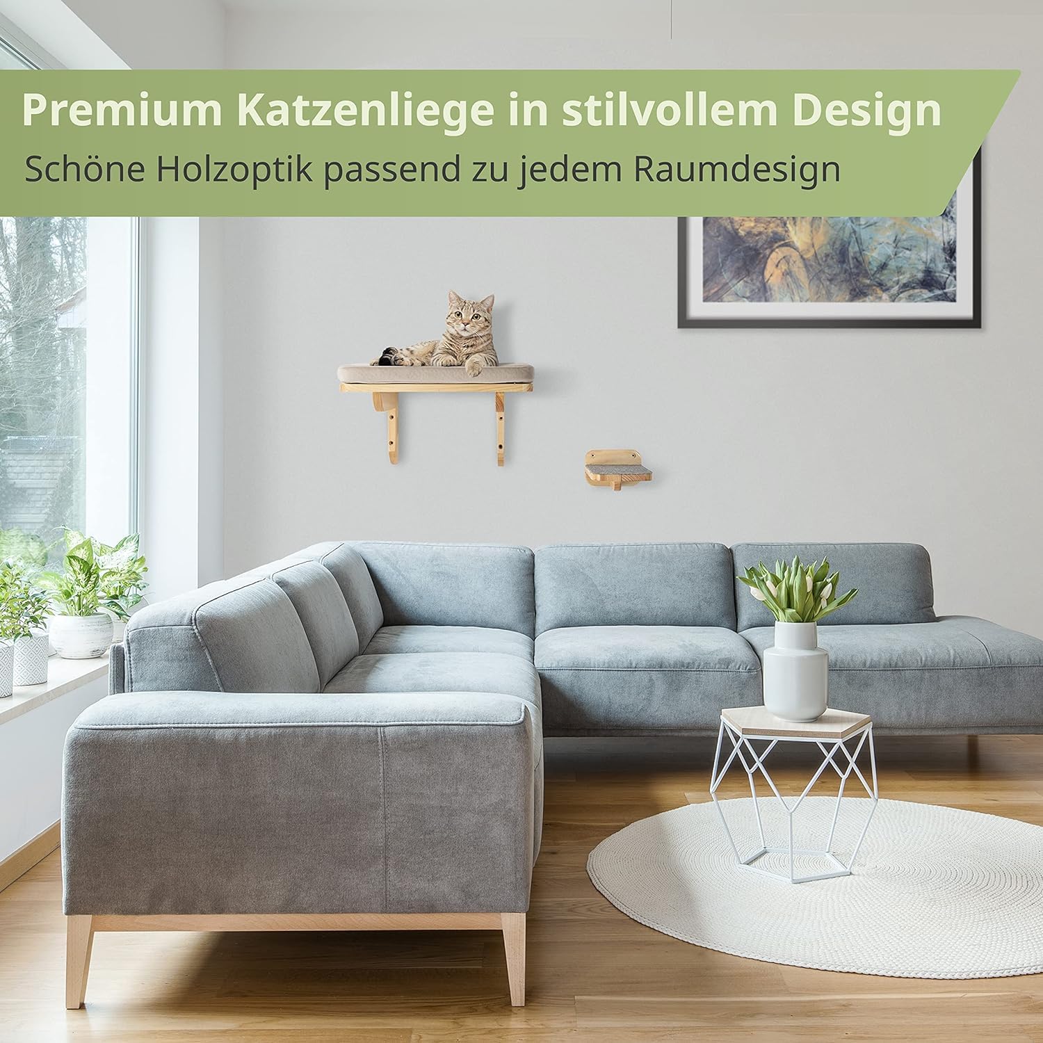 WOOWOOD® 2X Kletterwand Katzen - 3X Katzentreppe Wand [Beste Stabilität] - Kratzbaum Wand, Hängematte Katze, Wandkratzbaum, Katzenmöbel, Katzenwand, Katzen Kletterwand Set (5 teilig)