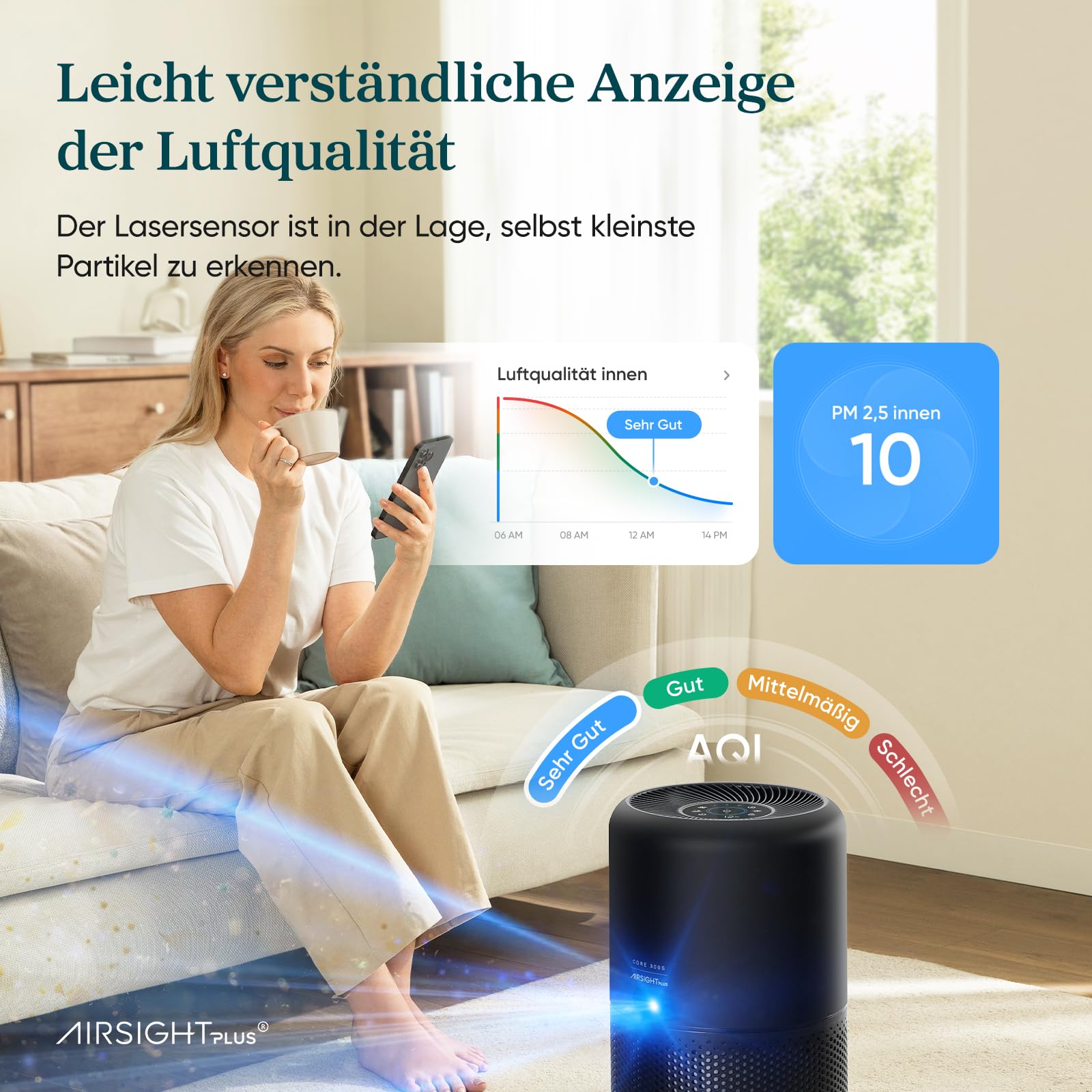 Levoit Luftreiniger mit HEPA Luftfilter gegen 99,97 Prozent Schimmel Staub Pollen Tierhaare, Luftqualitäts-Feedback und Auto-Modus, CADR 240m³/h für Raucherzimmer, bis zu 50m², Weiß