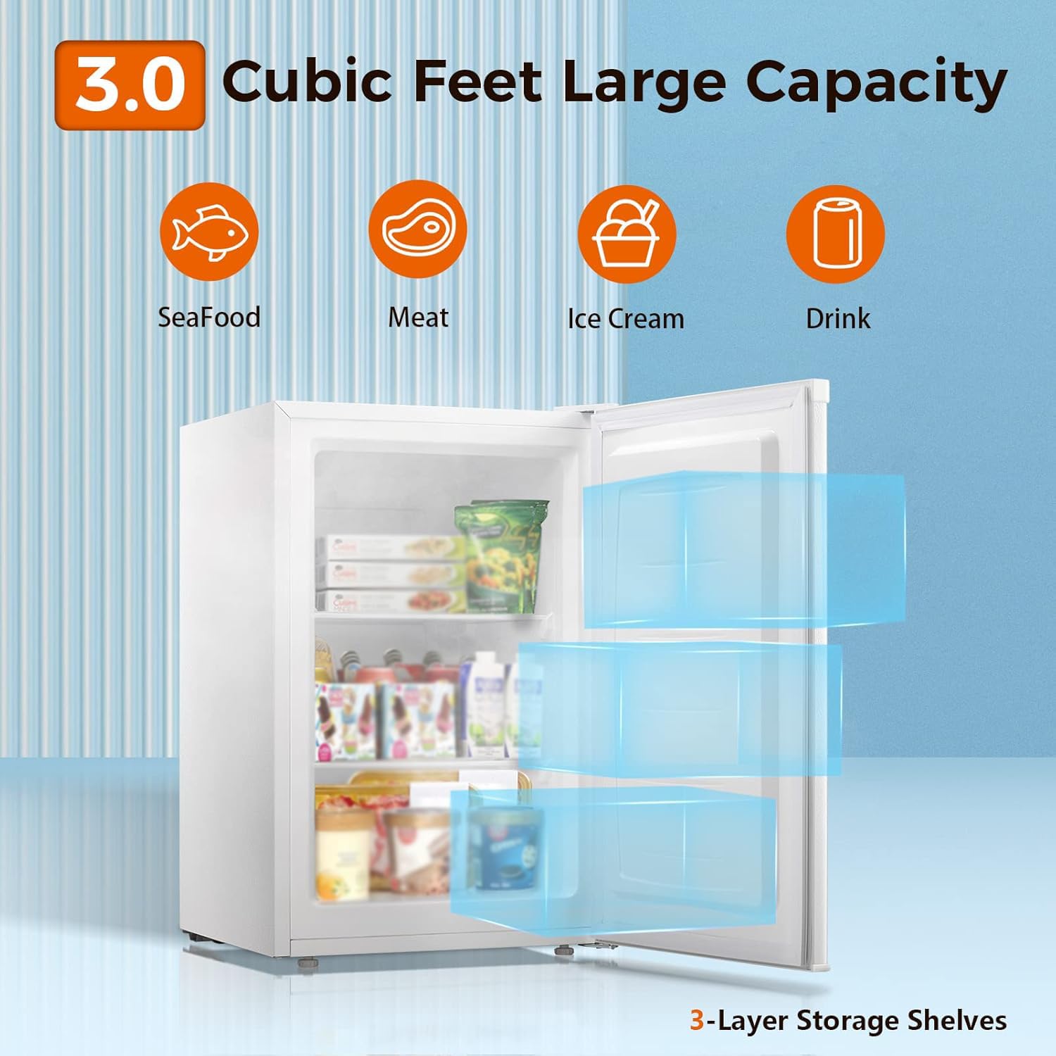 Kismile Small Freezer Upright, 3.0 Cu.ft Mini Freezer with Adjustable Thermostat, Removable Shelves, Reversible Single Door, Stand Up Freezer for Bedroom/Home/Dorms/Apartment (Stainless Steel)