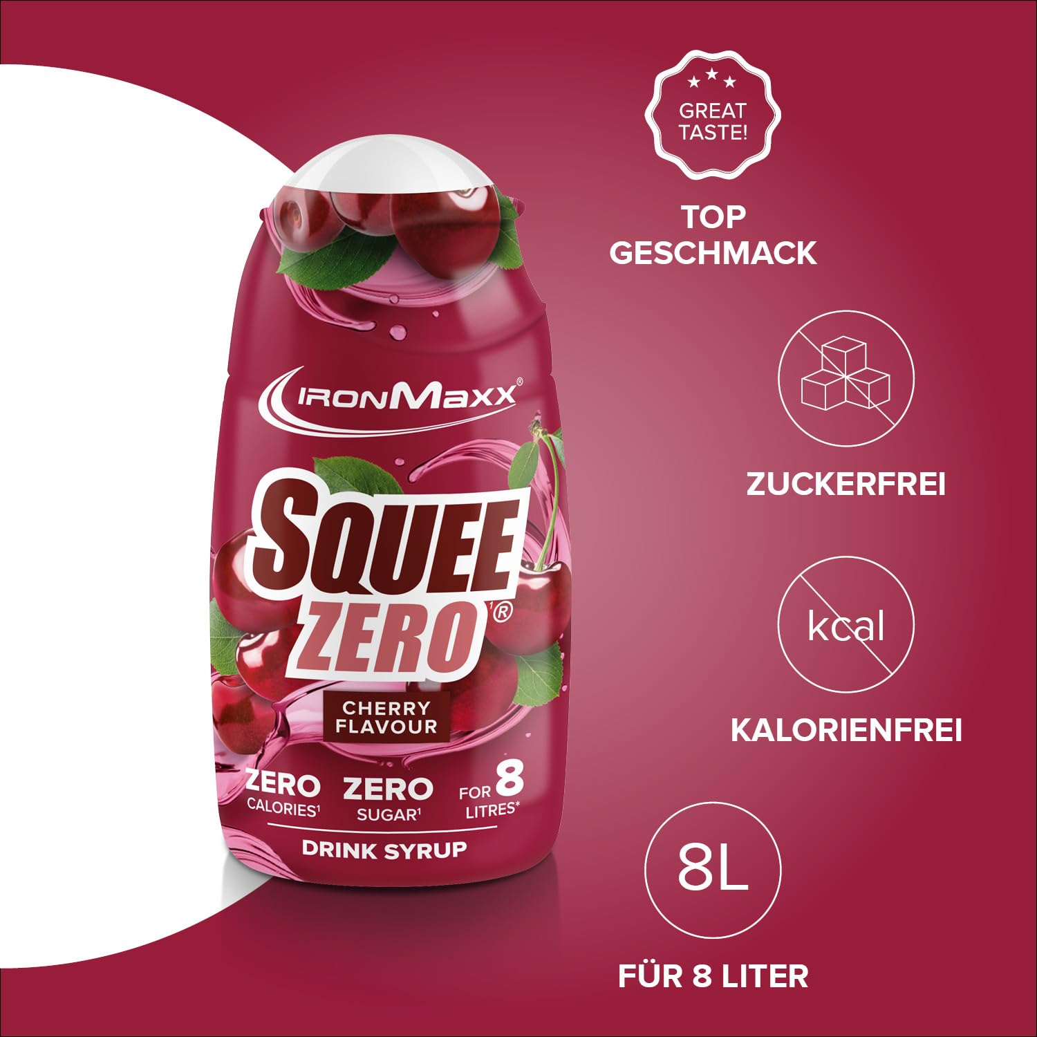 IronMaxx SqueeZero - Raspberry 65ml | Sirup, Erfrischendes Geschmackserlebnis für 8 Liter, Zuckerfrei und Kalorienfrei in 100ml verzehrfertigem Getränk
